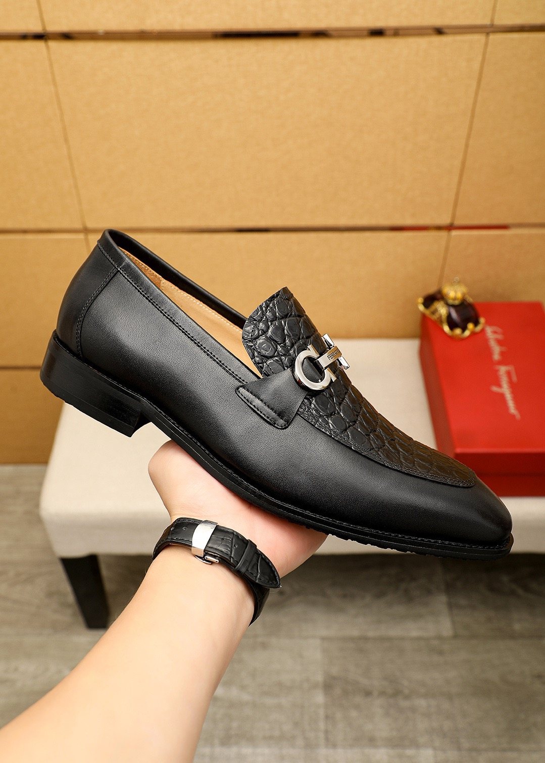 Ferragamo Black Buckle Loafers — side