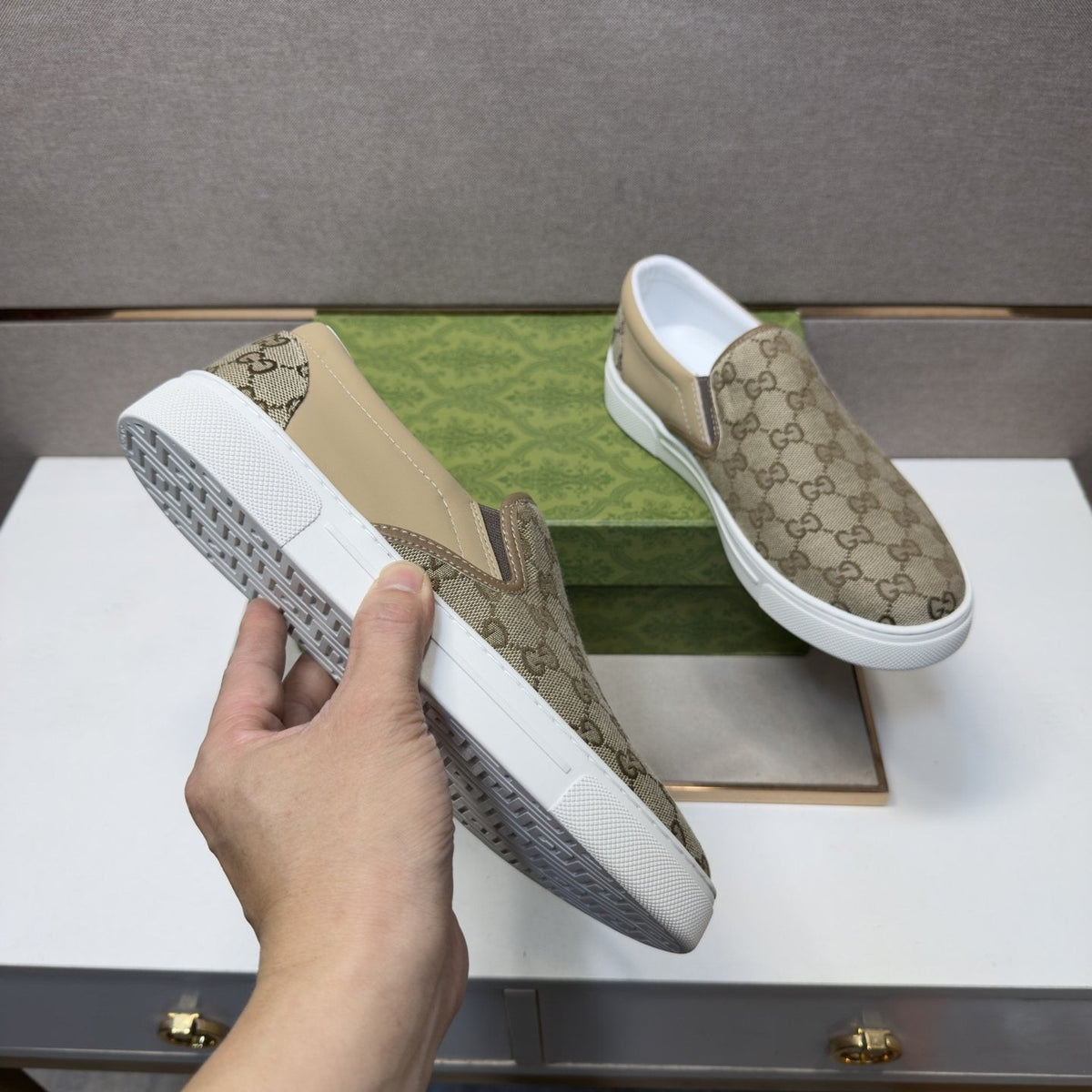 Men's Beige Patterned Slip-On Sneakers — detail