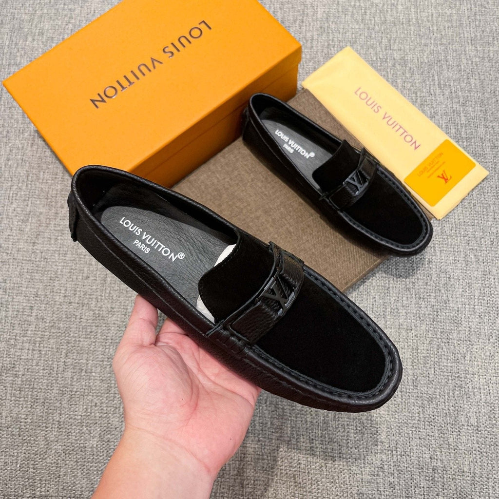 Louis Vuitton Black Textured Strap Loafers — model
