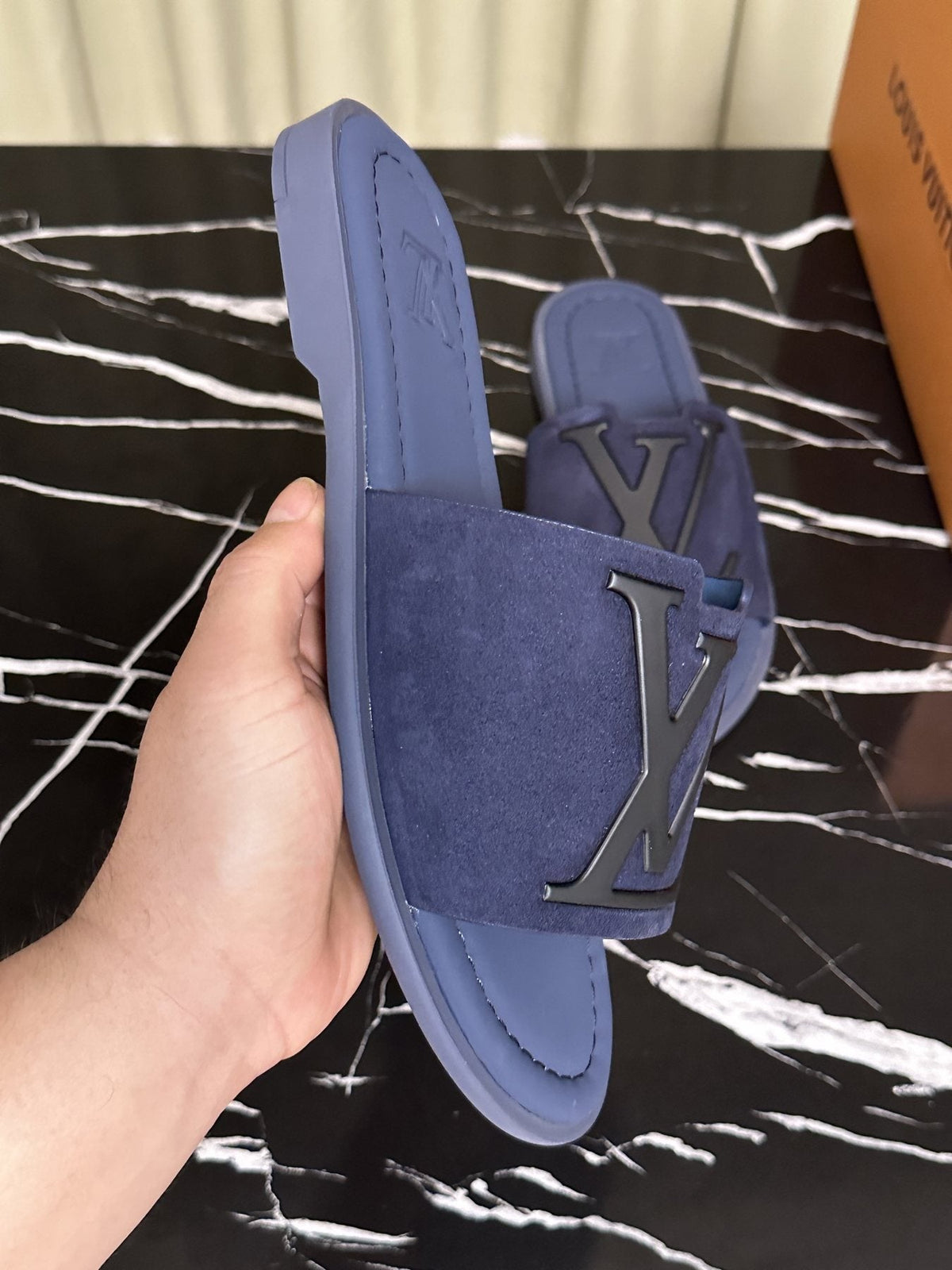 Louis Vuitton Navy Blue Logo Slide Sandals — side