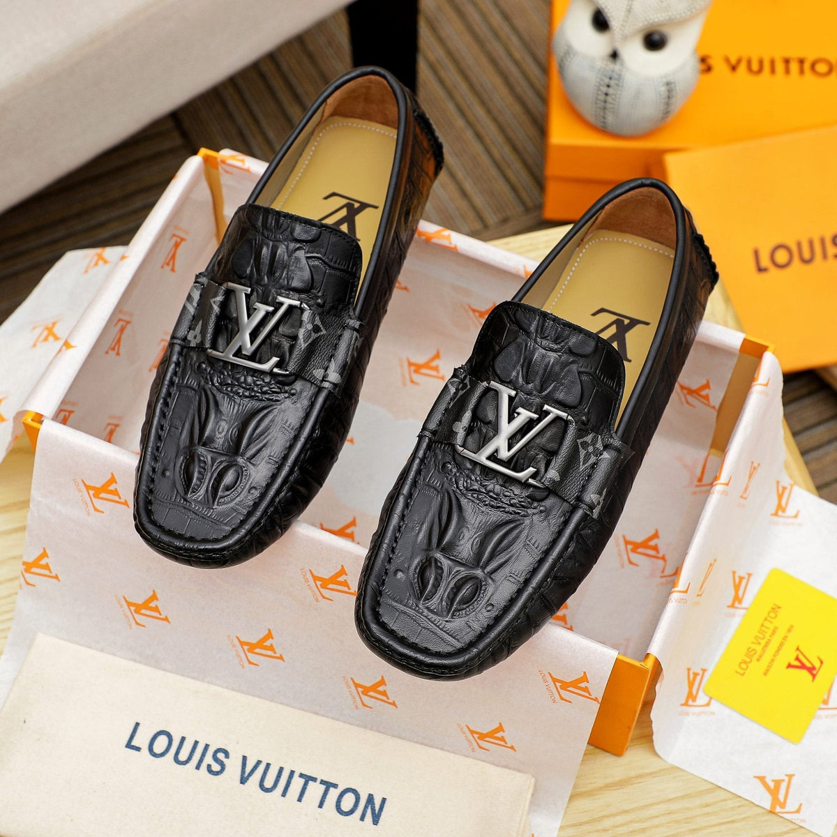 Louis Vuitton Black Embossed Driving Loafers — front