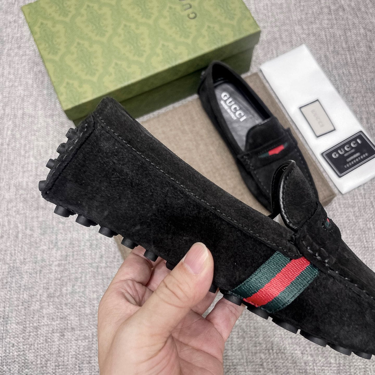 Gucci Black Stripe Slip-On Loafers — detail