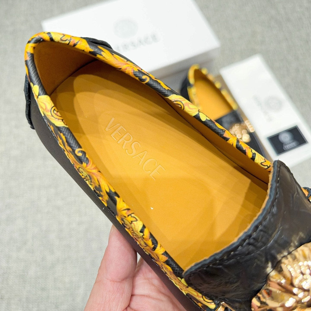 Versace Black Gold Hardware Loafers — detail