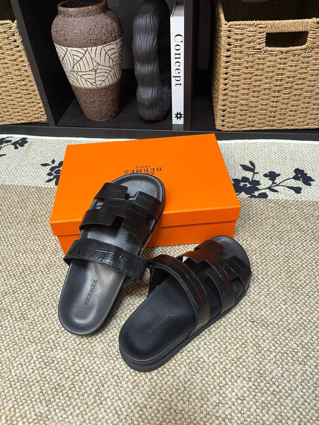 Hermes Kazimir Black Slide Sandals — front