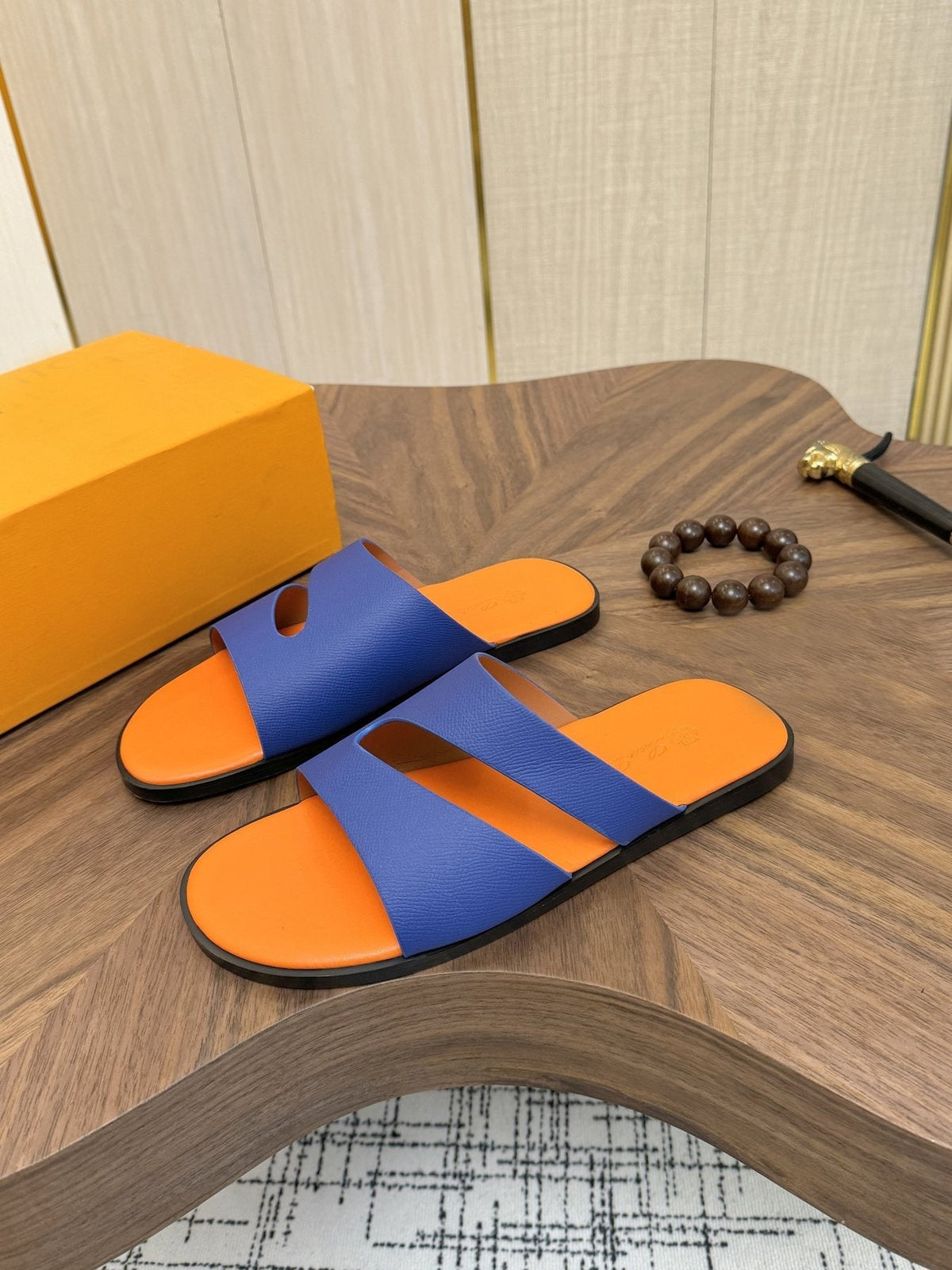 Loro Piana Blue and Orange Slide Sandals — side