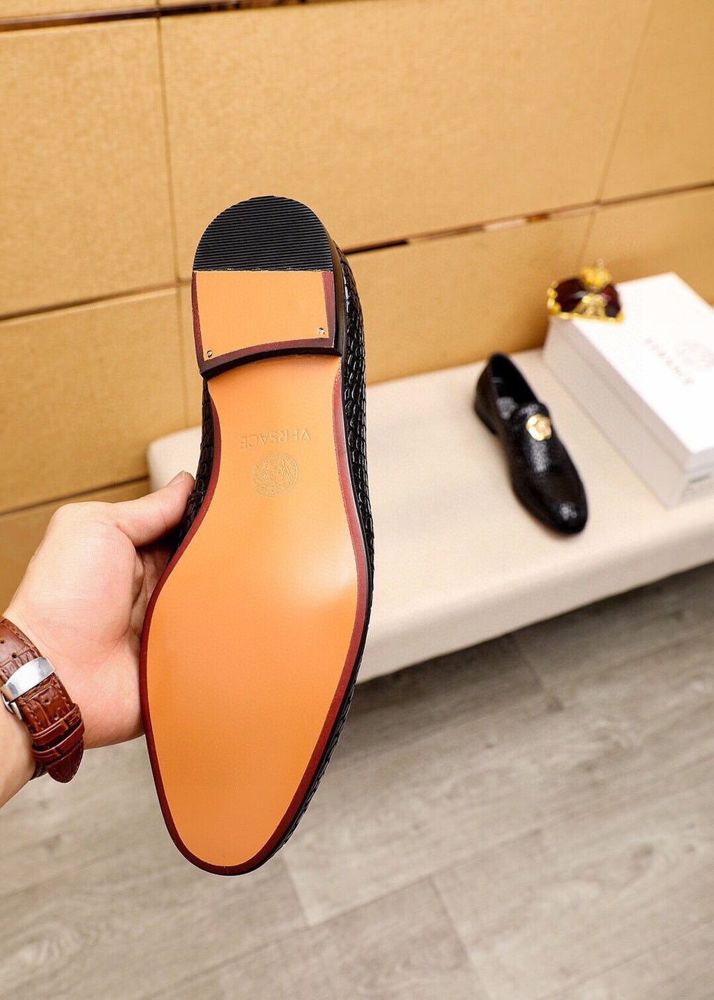 VERSACE Black Textured Slip-On Shoes — detail
