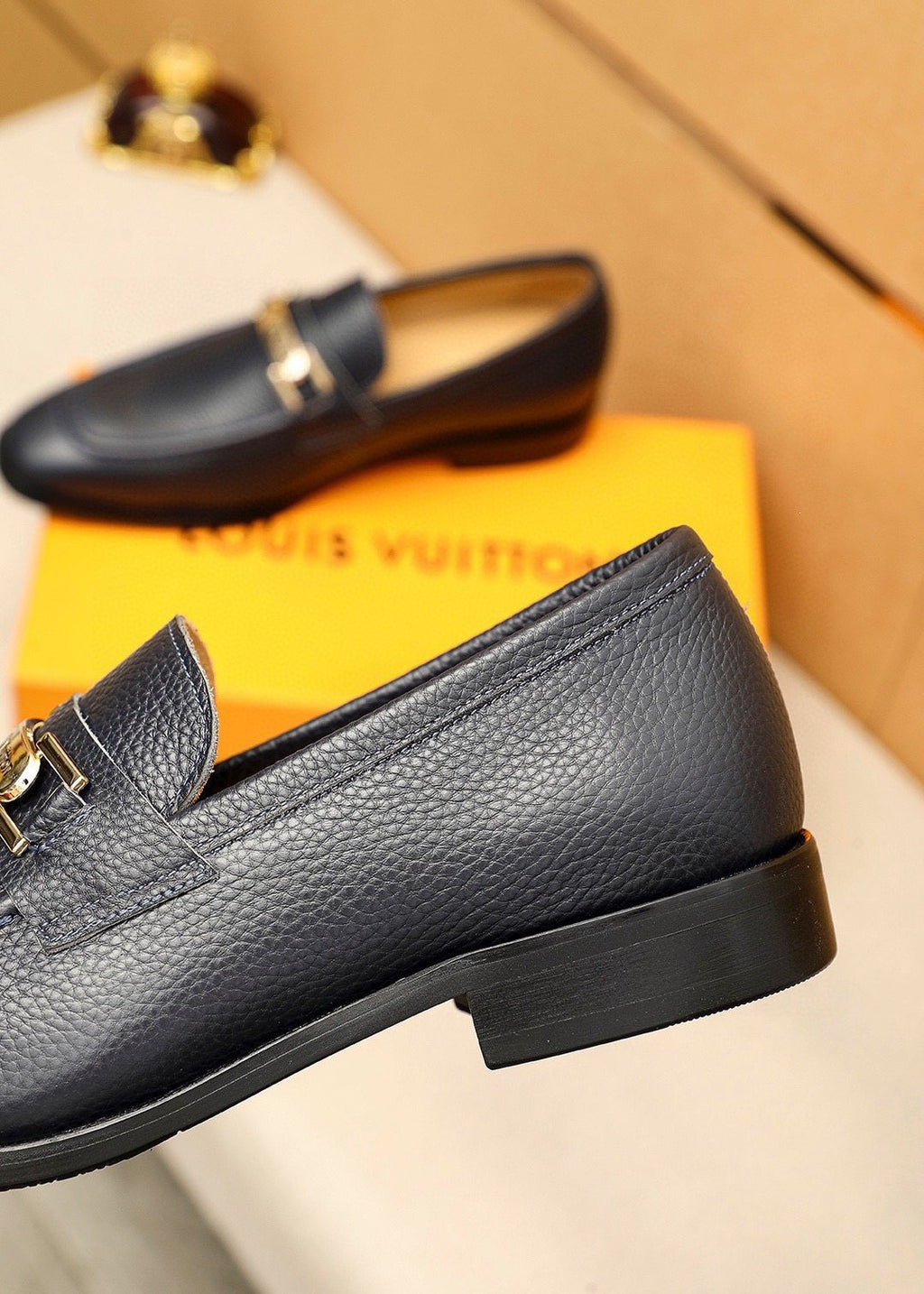 Louis Vuitton Black Pebbled Bar Loafers — side