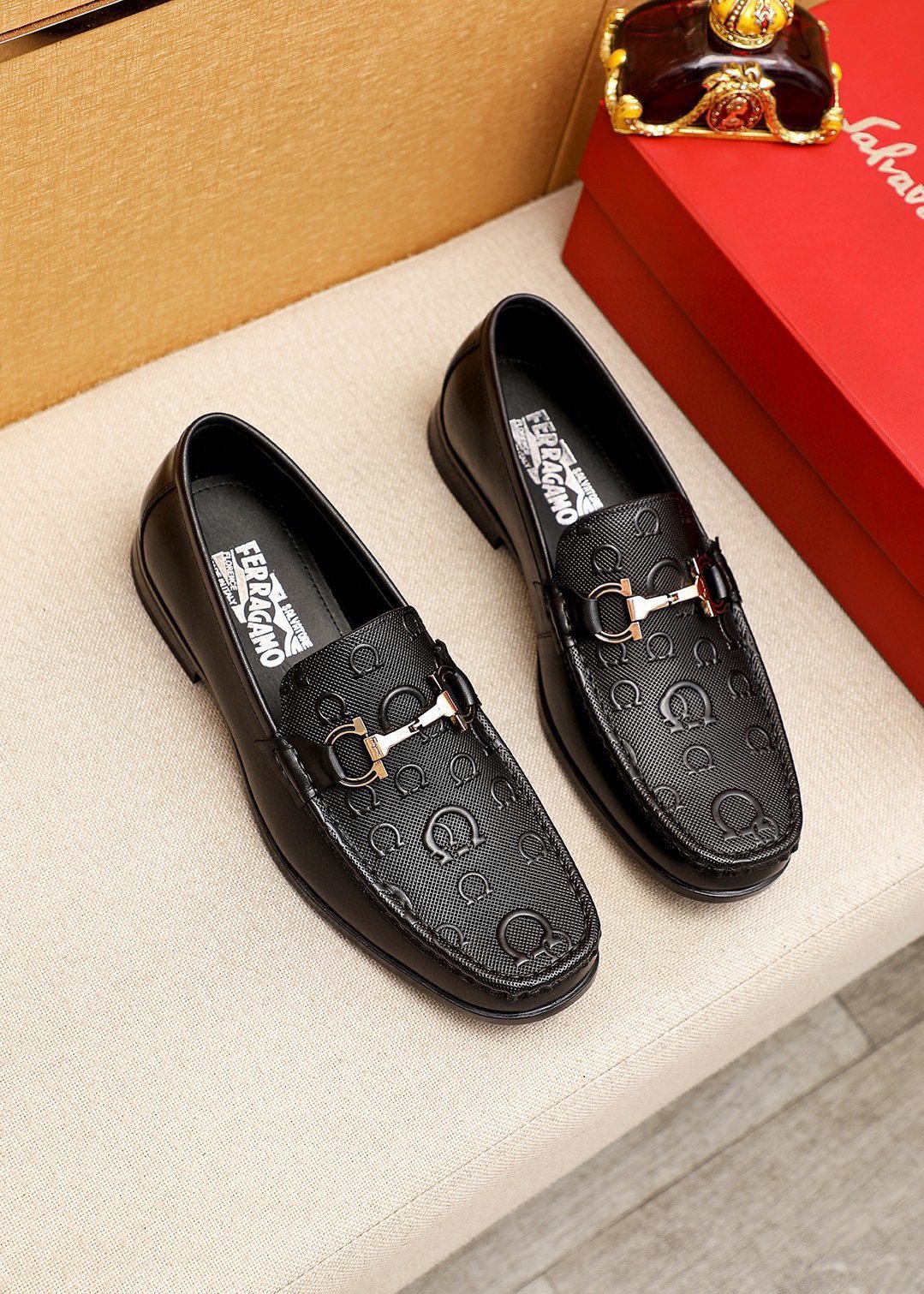 Ferragamo Black Embossed Buckle Loafers — hero