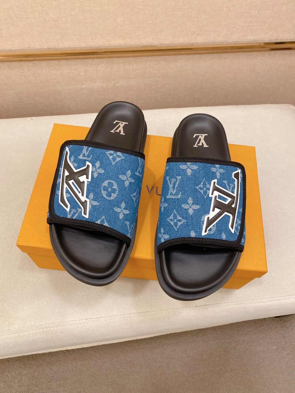 Louis Vuitton Blue Patterned Slide Sandals — front
