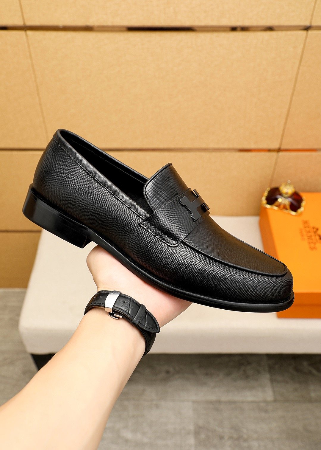 Hermès Black H-Strap Slip-On Loafers — model