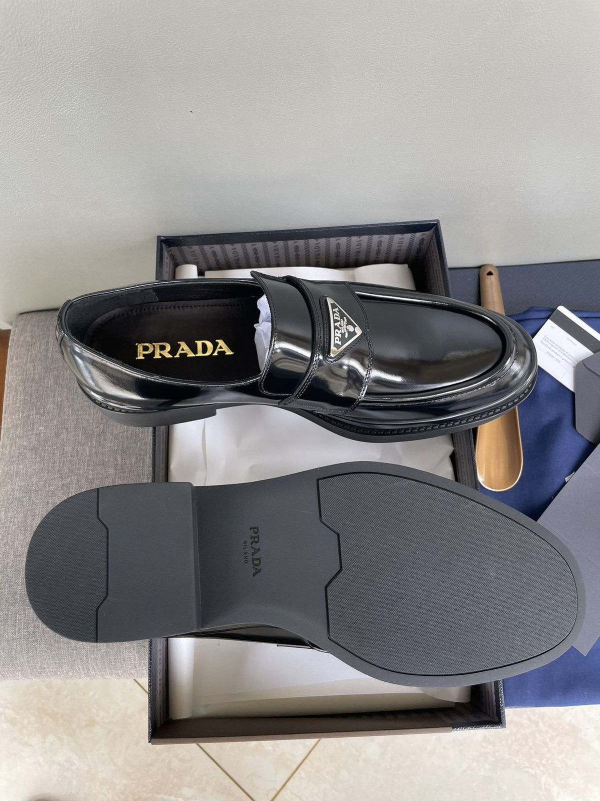 PRADA Black Glossy Plaque Loafers — front