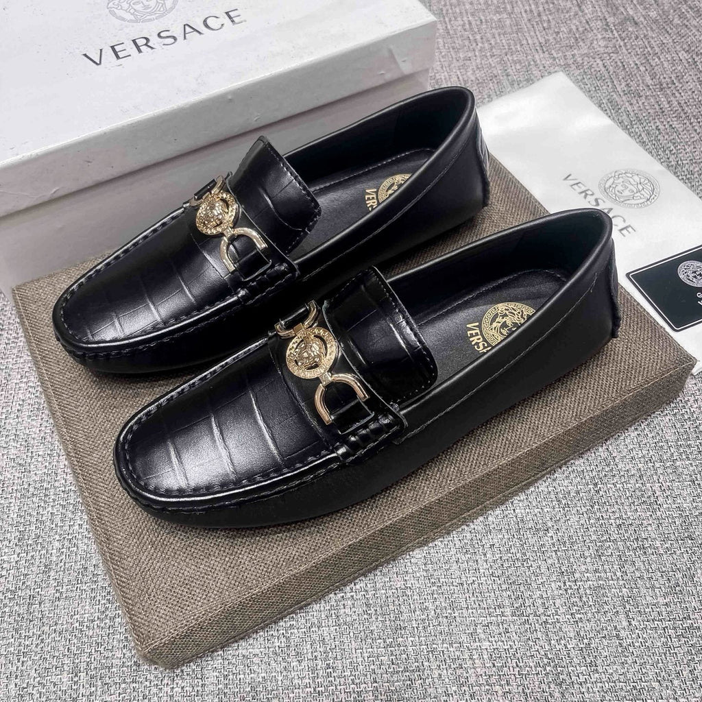 Versace Black Gold Hardware Loafers — front