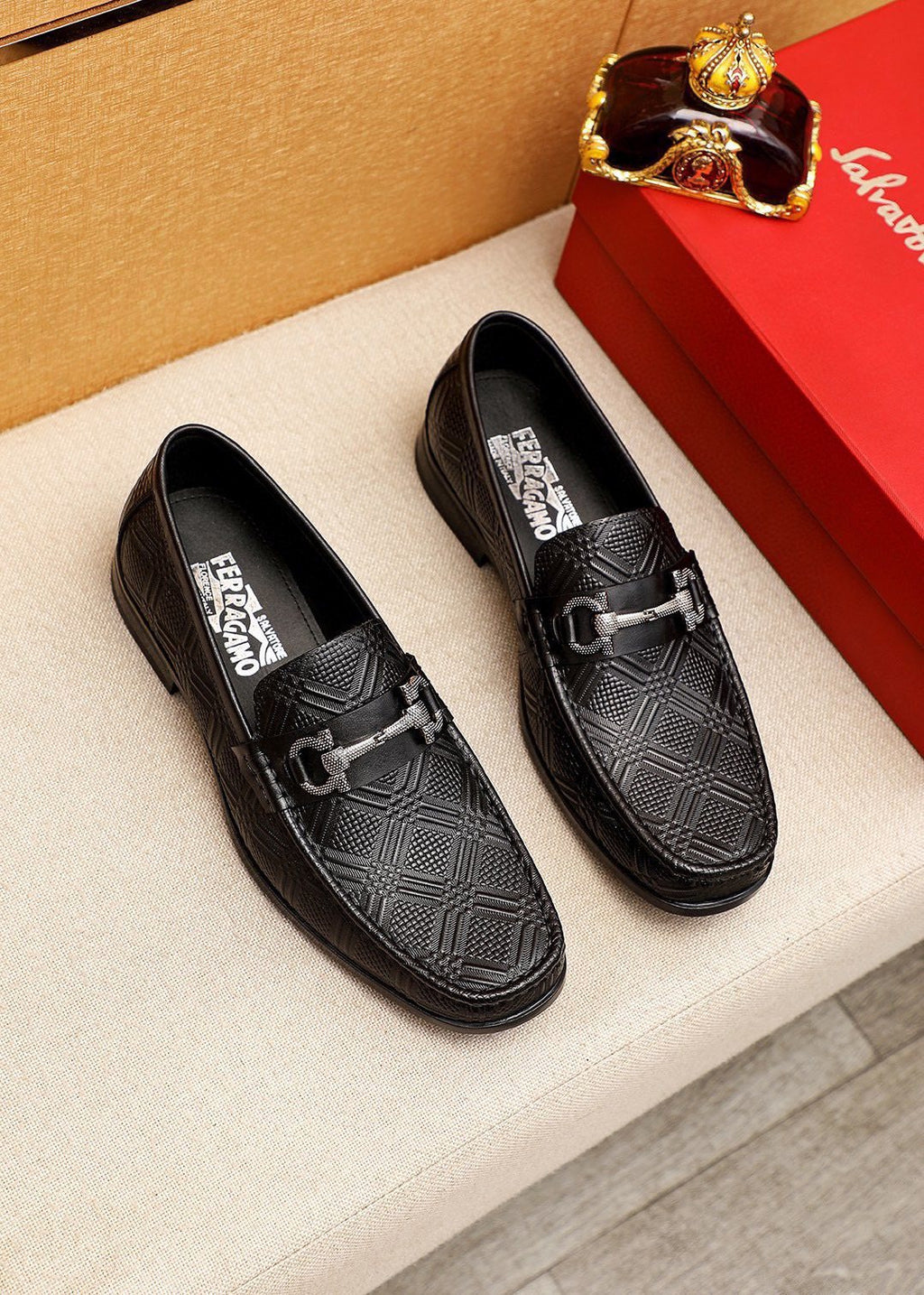 Ferragamo Black Embossed Buckle Loafers — hero