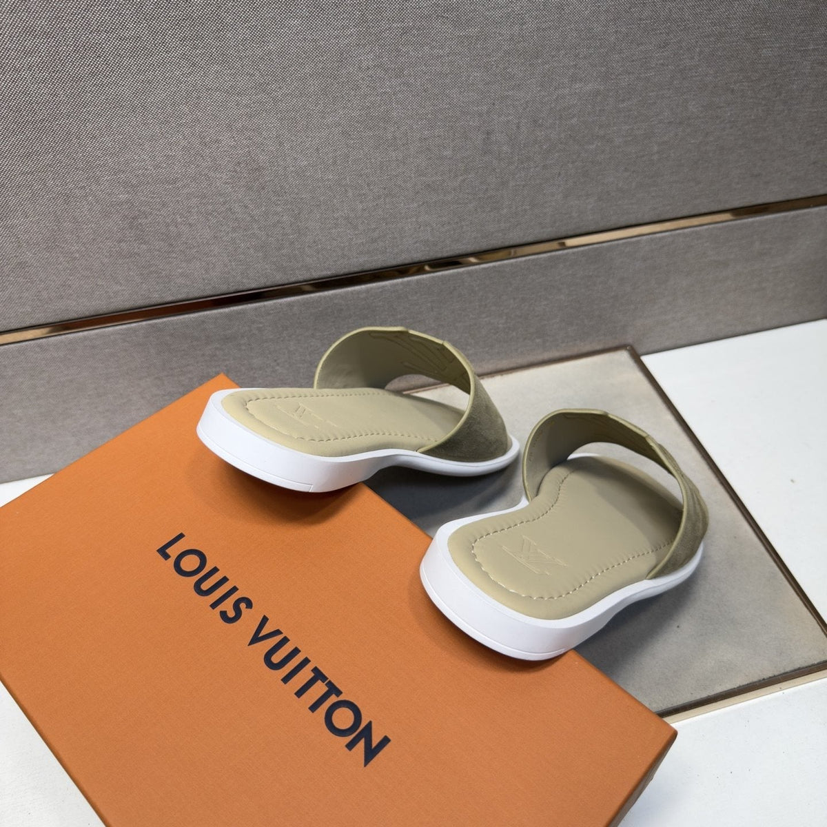 Louis Vuitton Khaki Monogram Slide Sandals — front