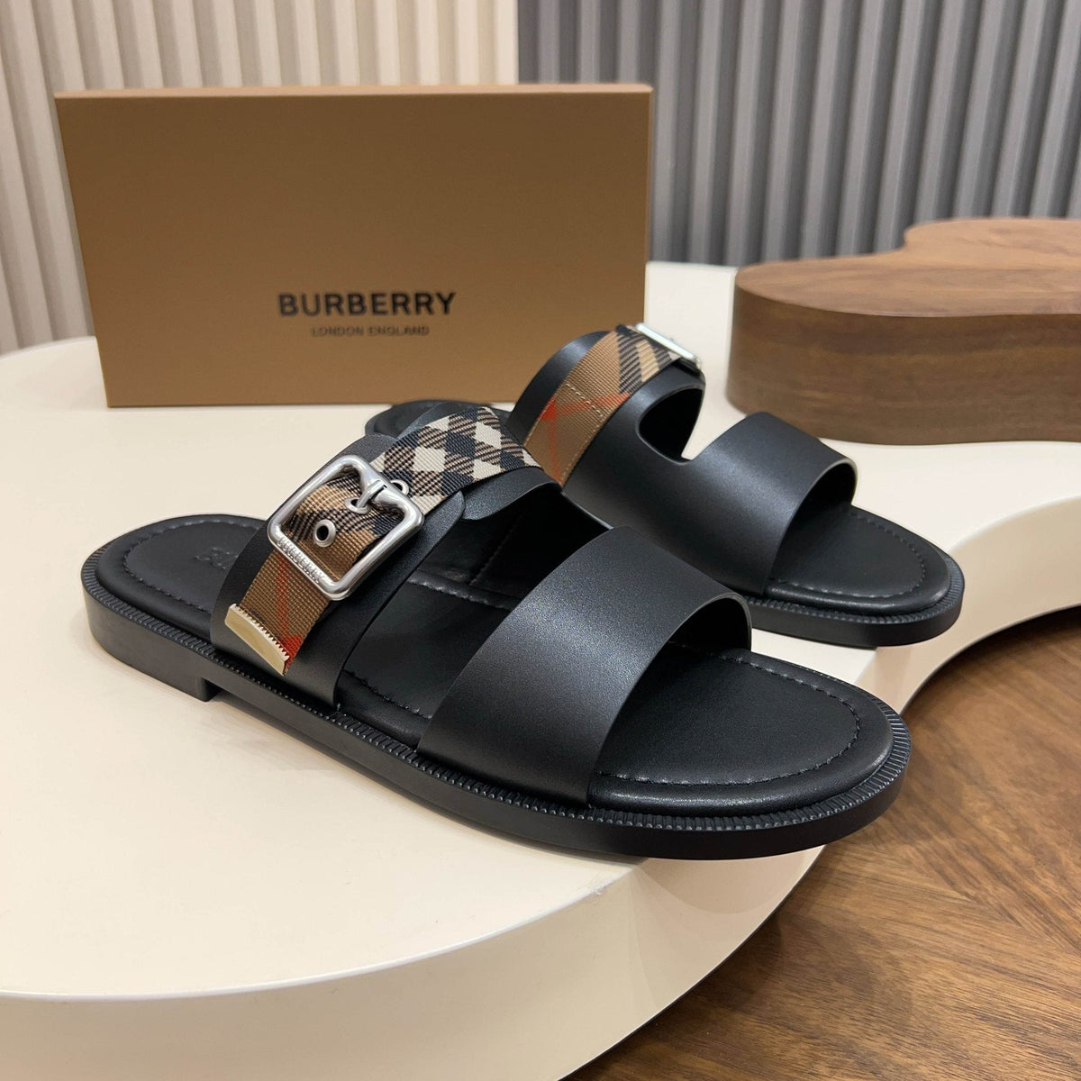 Burberry Plaid Buckle Slide Sandals — front