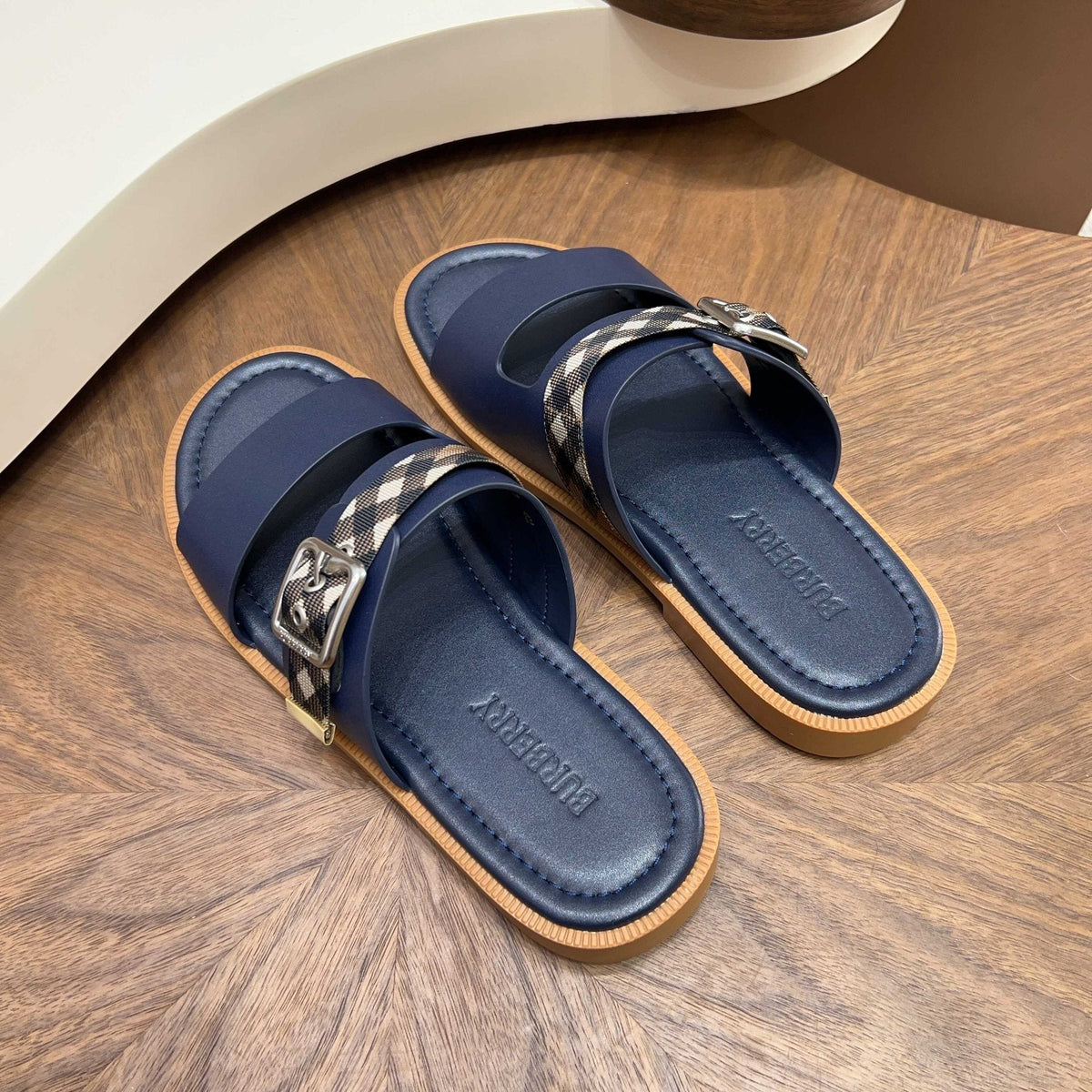 Burberry Plaid Buckle Slide Sandals — front