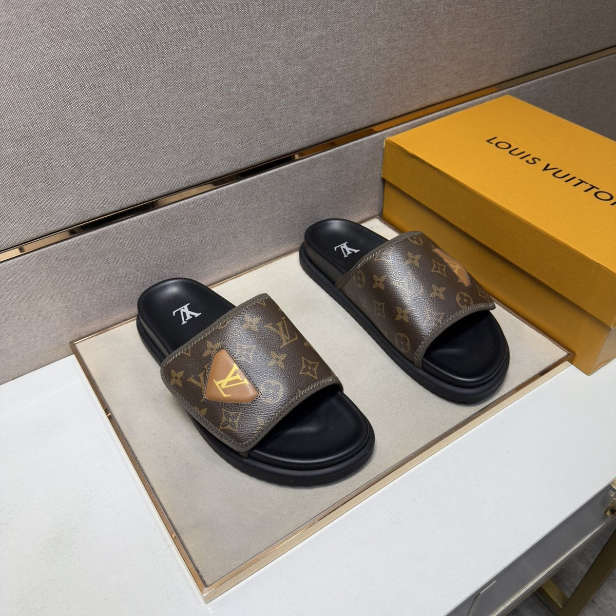 Louis Vuitton Monogram Emblem Slide Sandals — front