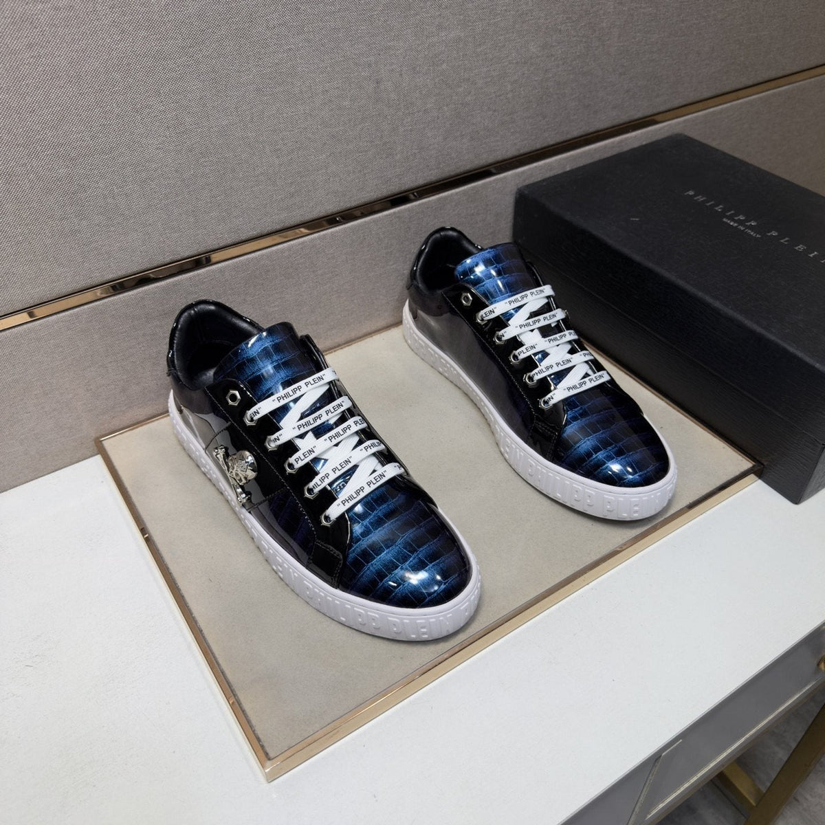 Philipp Plein Black and Gray Plaid Low-Top Sneakers — front