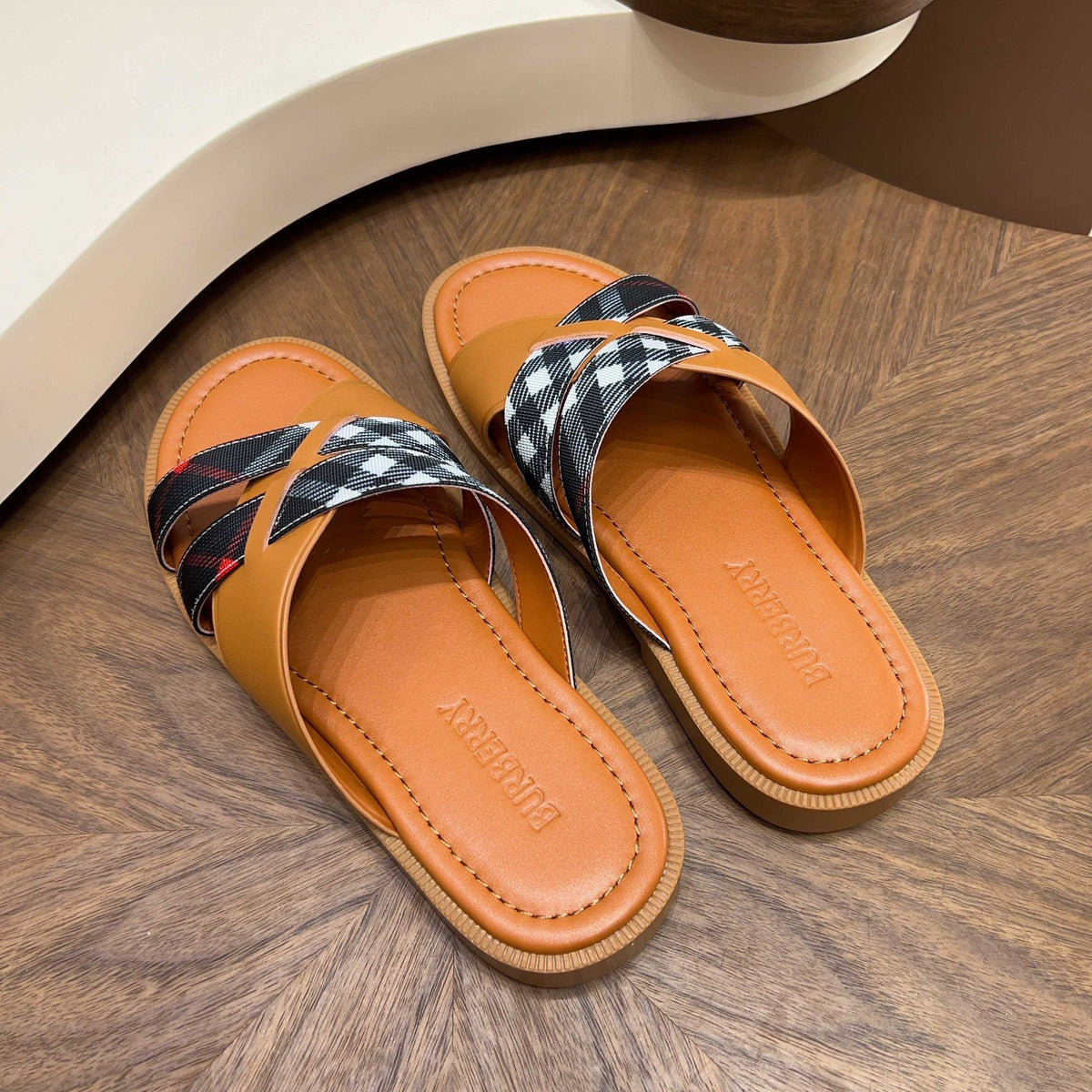 Burberry Plaid Cross-Strap Slide Sandals — hero