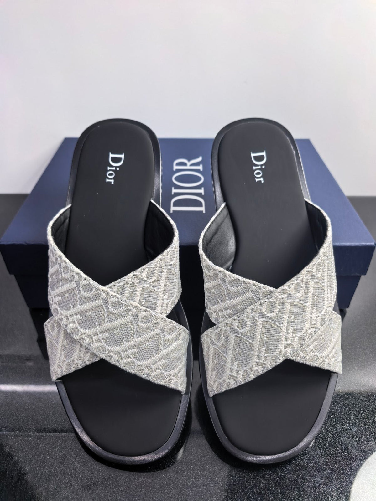 Dior Beige Pattern Crossover Slide Sandals — front