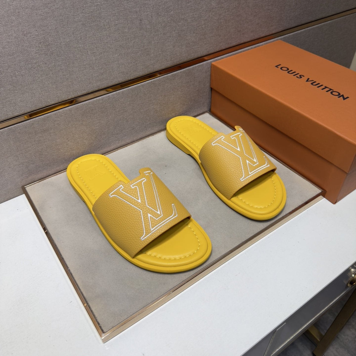 Louis Vuitton Men's Outlined LV Slide Sandals — front