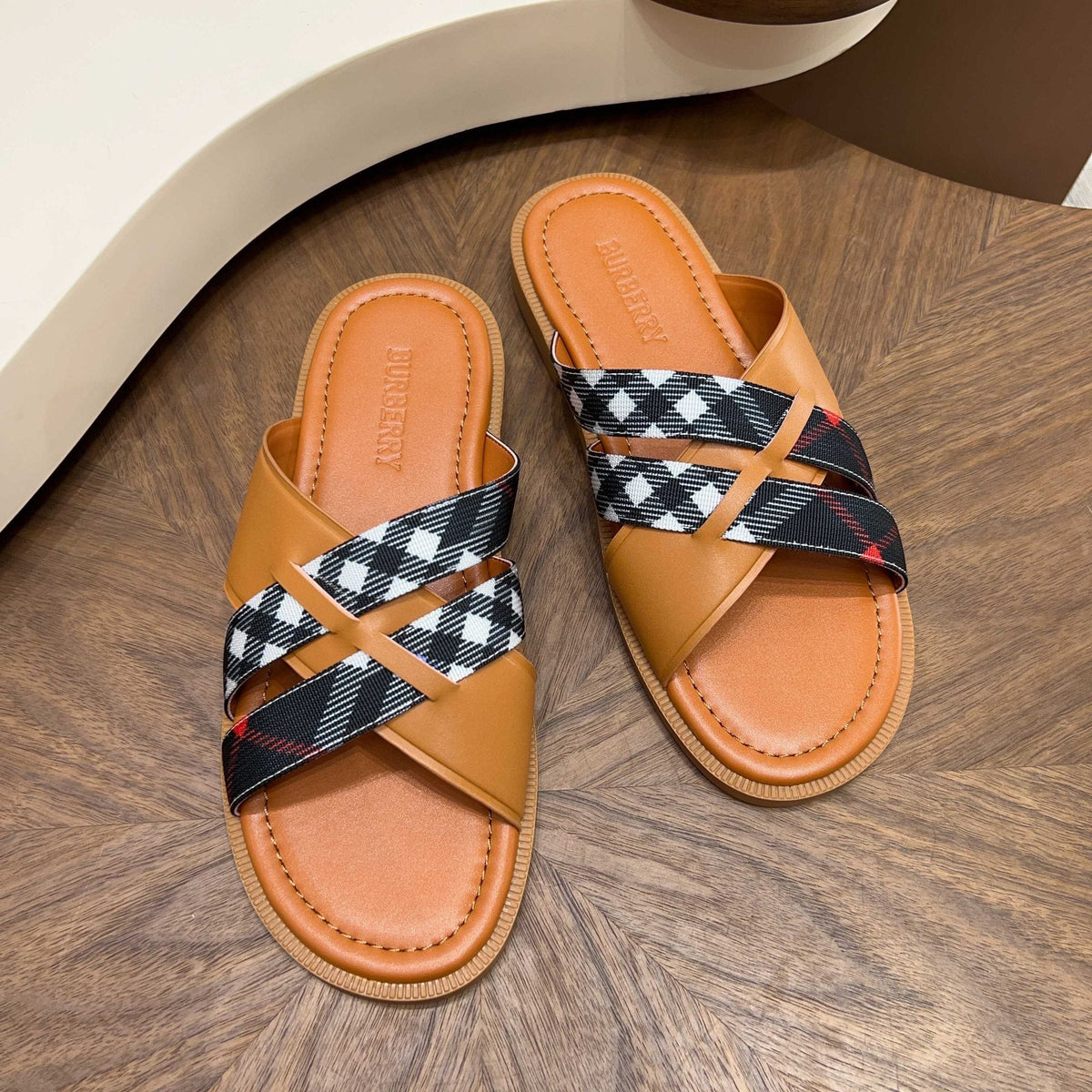 Burberry Plaid Cross-Strap Slide Sandals — hero