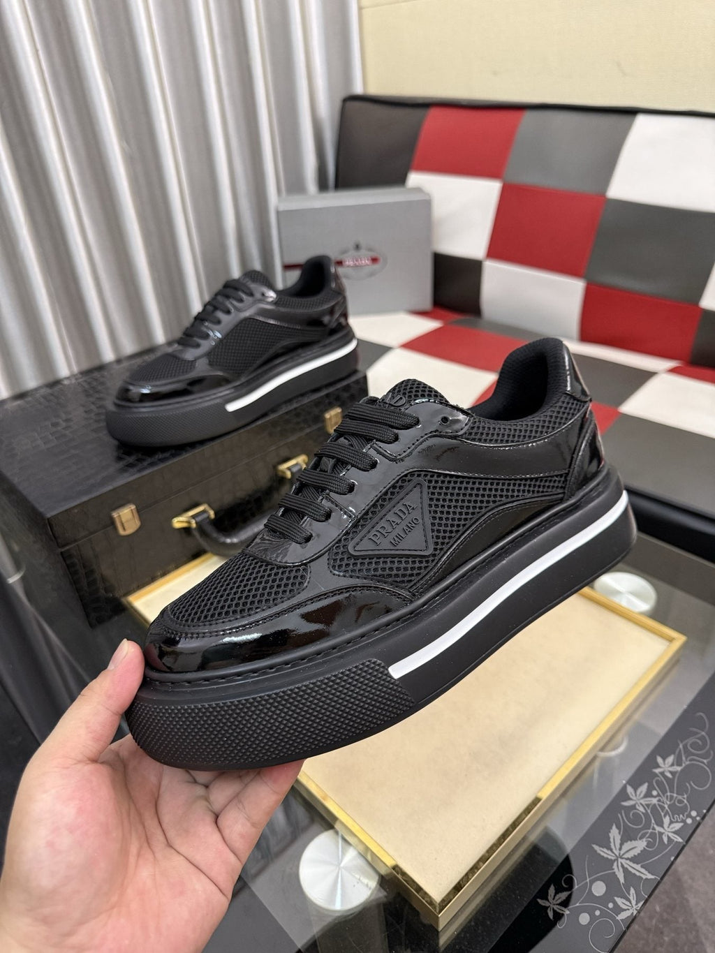 Prada White and Light Gray Low-Top Sneakers — side