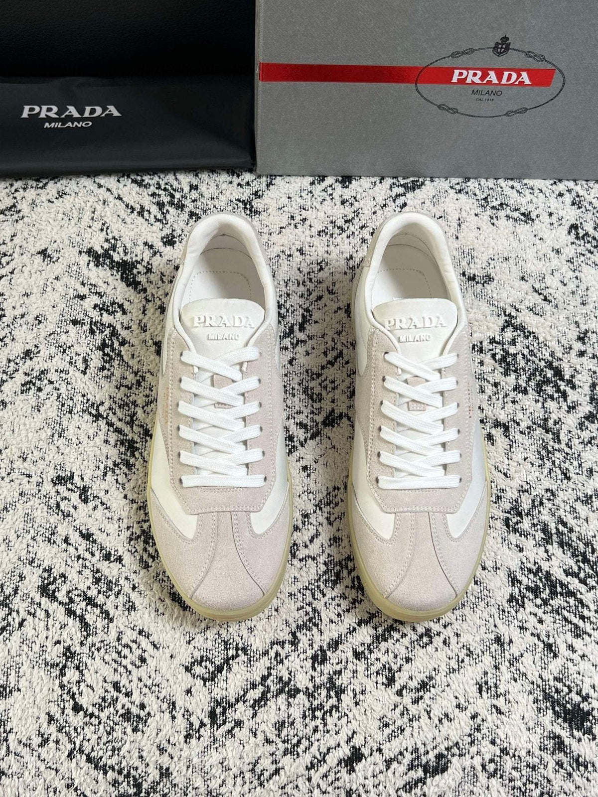 Prada Off-White Beige Low-Top Sneakers — front