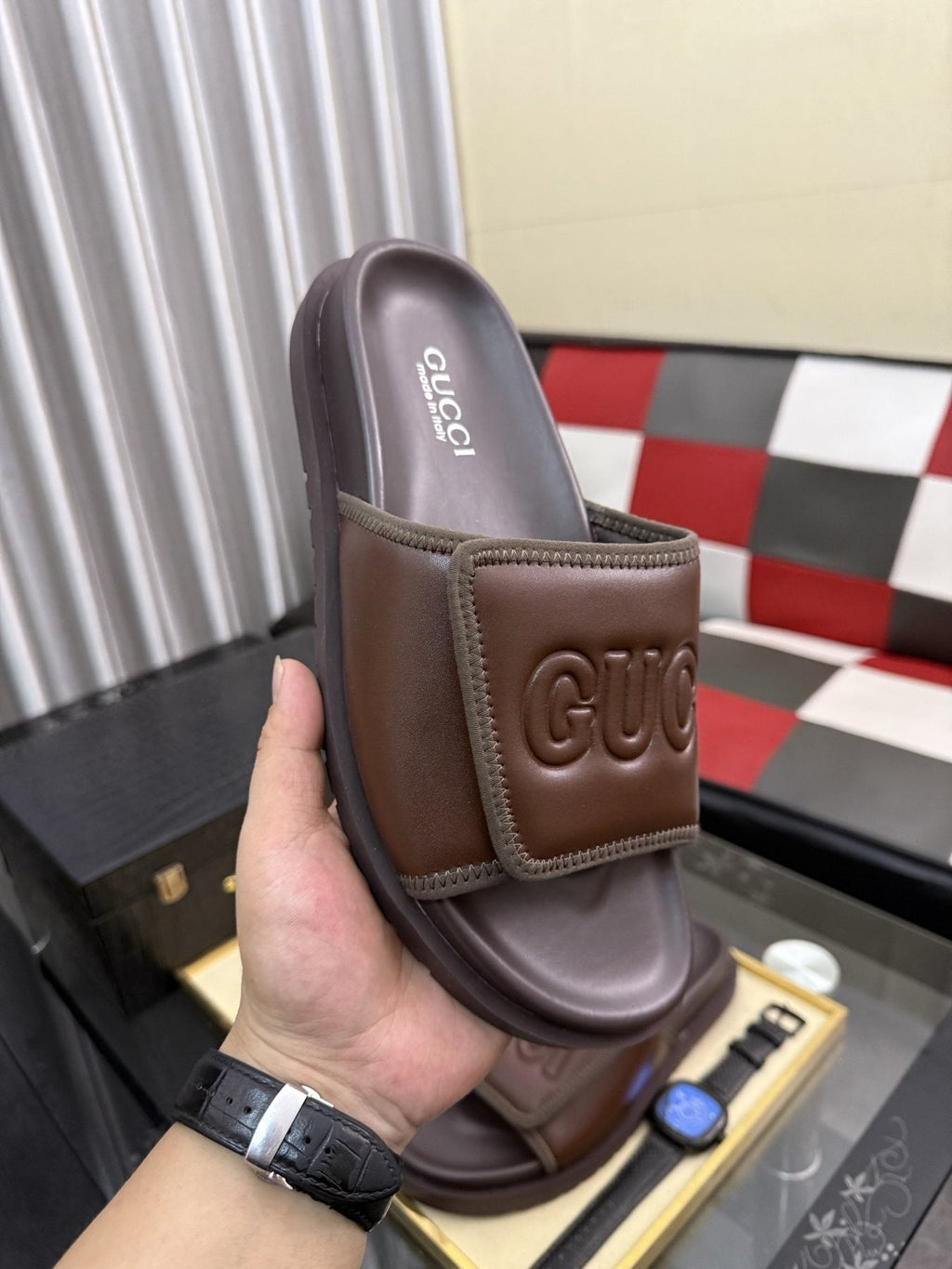 Gucci Embossed Strap Slide Sandals — model