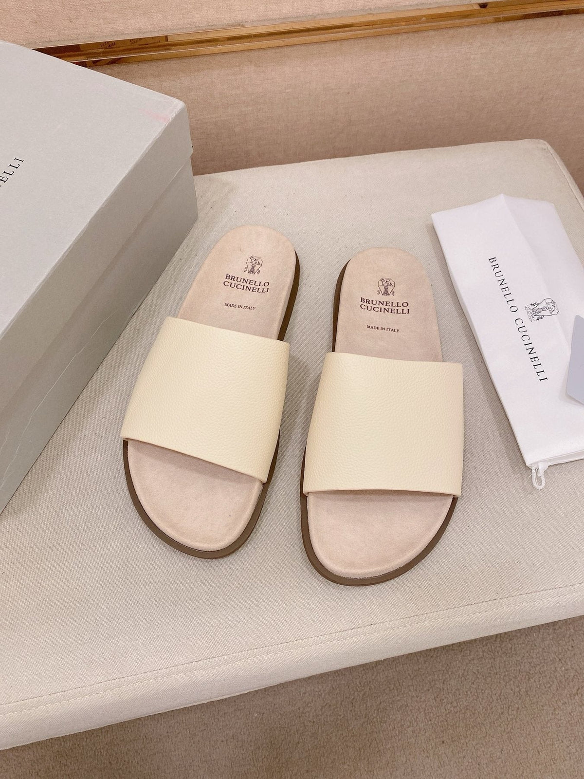 Brunello Cucinelli Wide-Strap Slide Sandals — front
