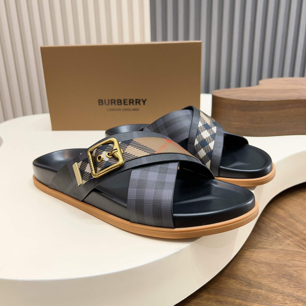Burberry Check Cross-Strap Slide Sandals — front