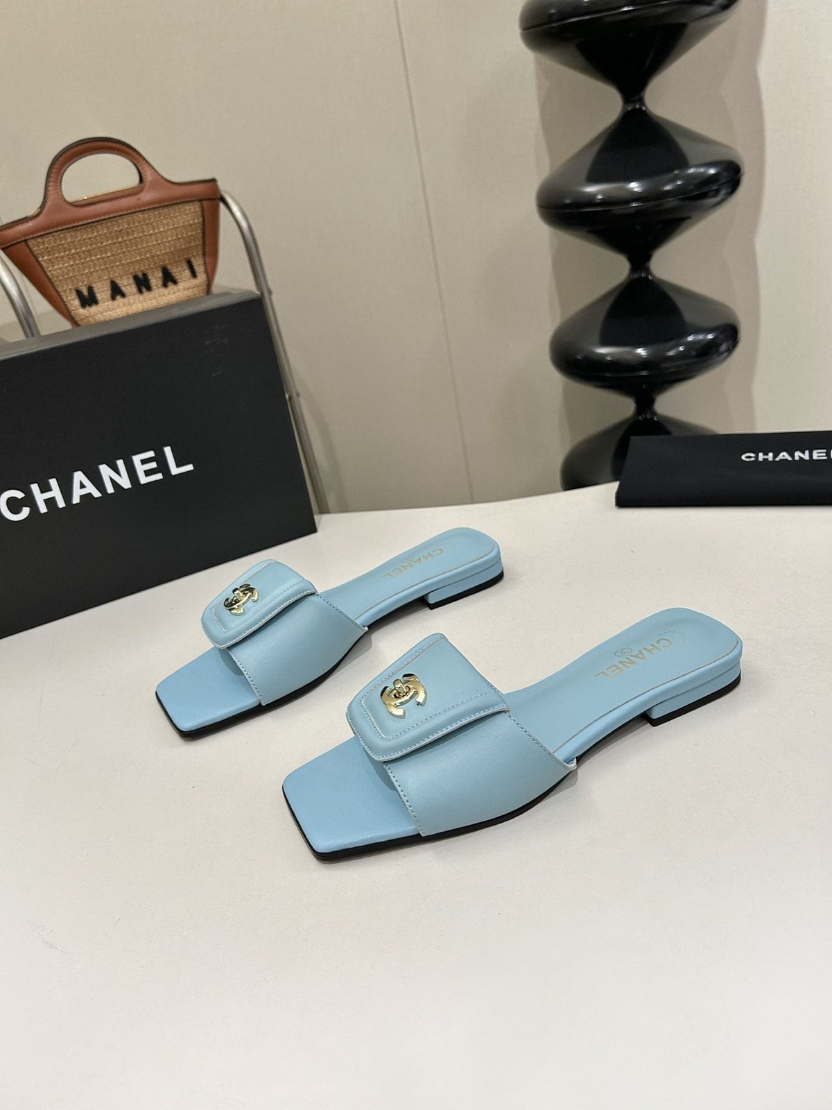 Chanel Square-Toe Leather Slide Sandals — front