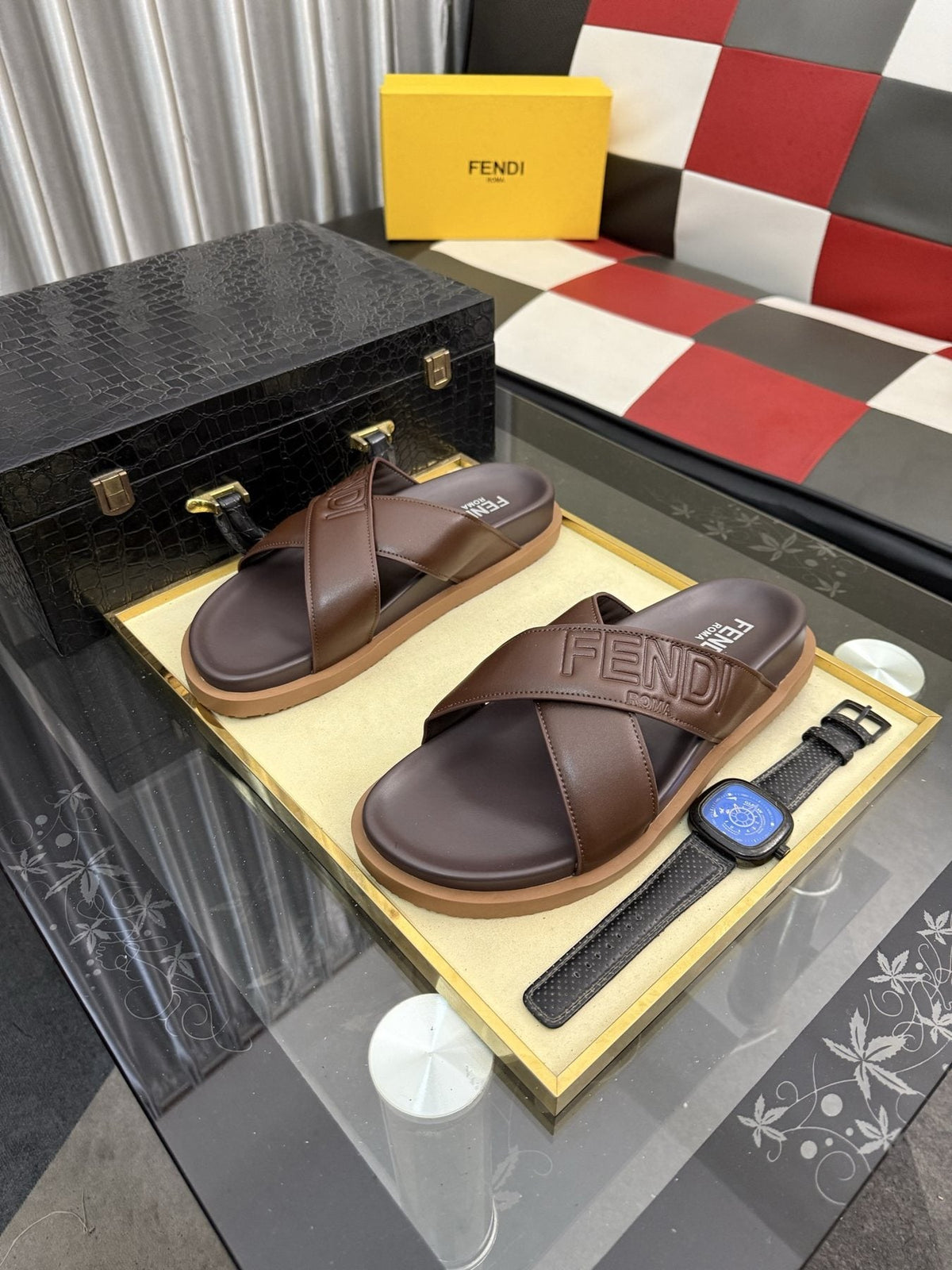 Fendi Embossed Cross-Strap Slide Sandals — front