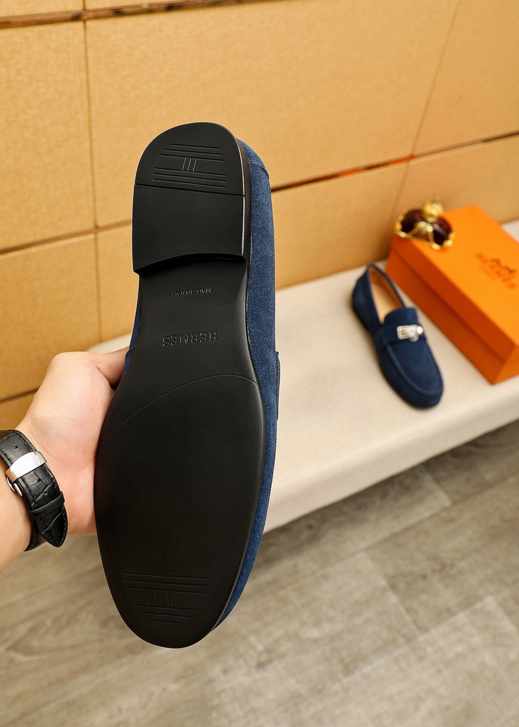 Hermès Suede-Finish Buckle Loafers — front