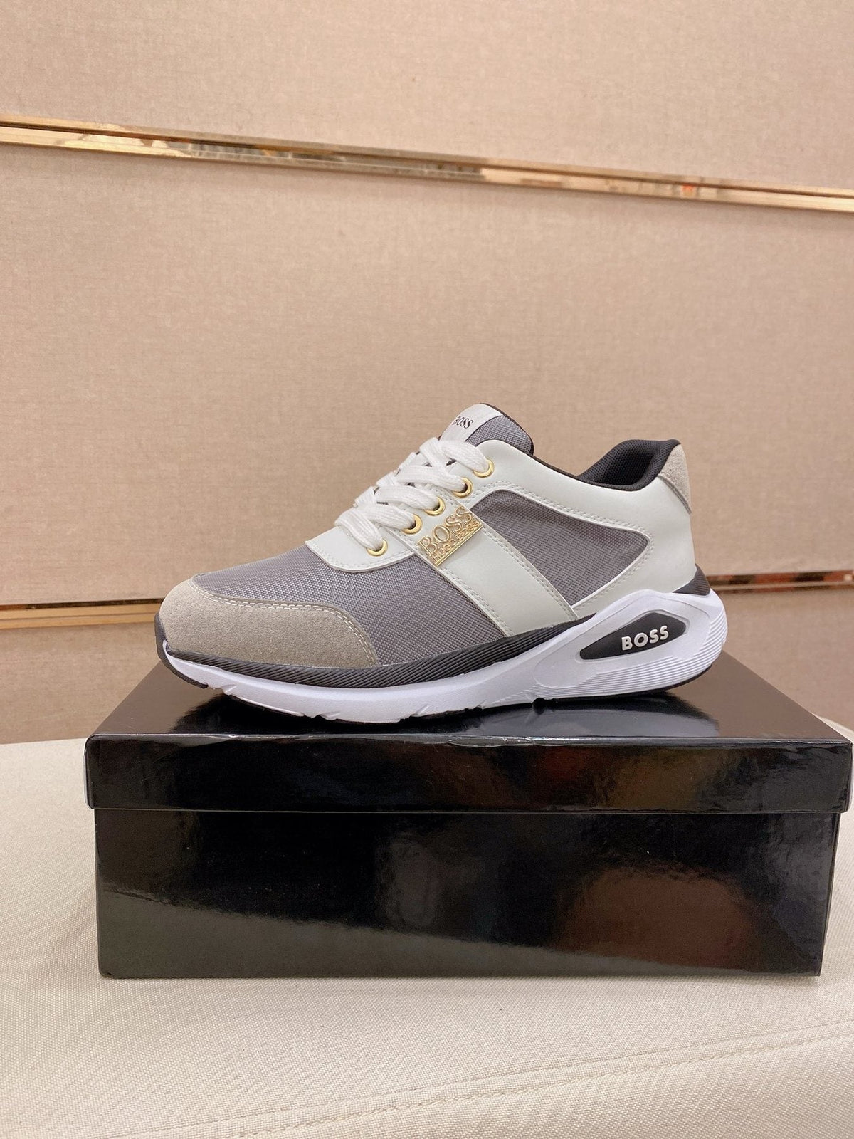 BOSS Cream and White Low-Top Sneakers — front