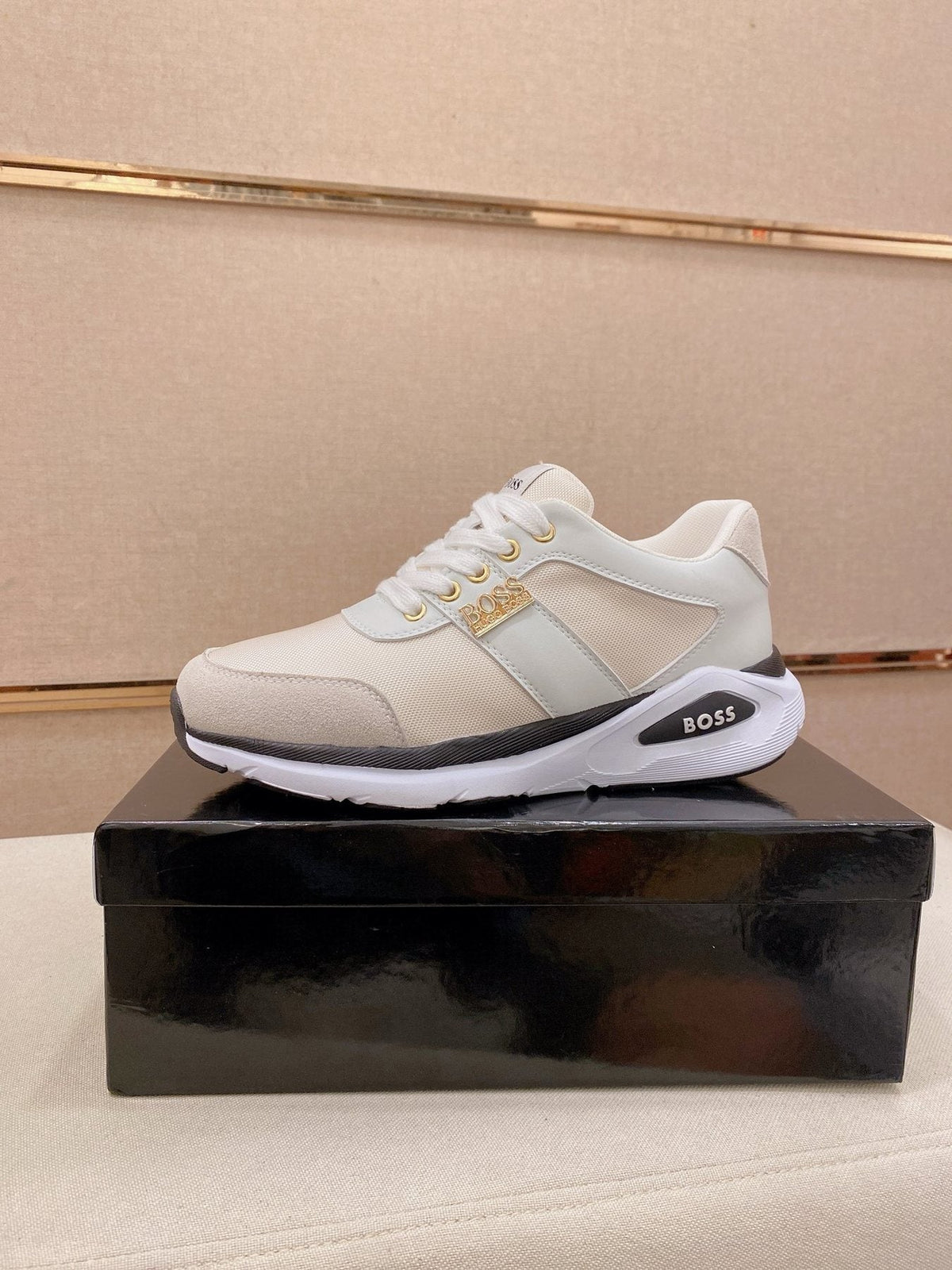 BOSS Cream and White Low-Top Sneakers — front