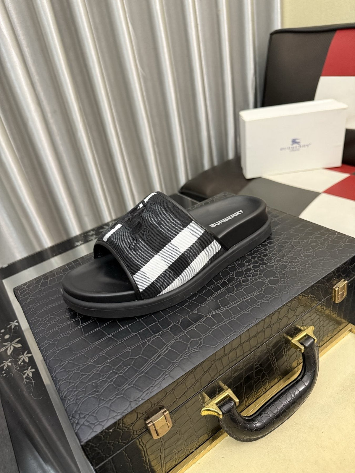 Burberry White Plaid Horse Motif Slide Sandals — front