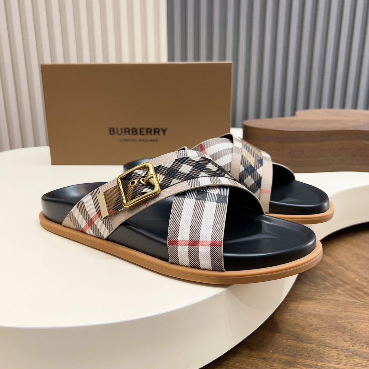 Burberry Check Cross-Strap Slide Sandals — front