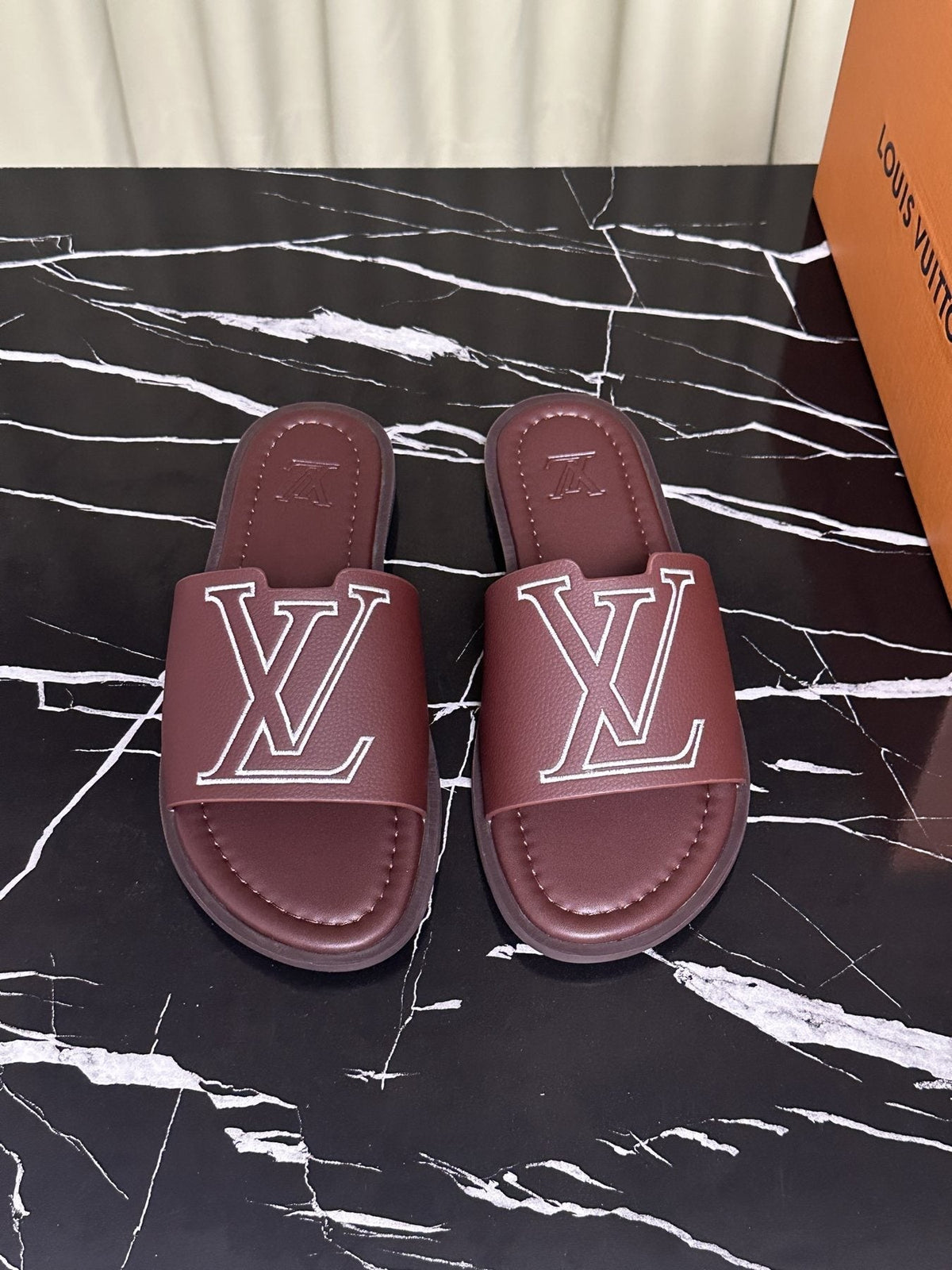 Louis Vuitton Lettered Strap Slide Sandals — front