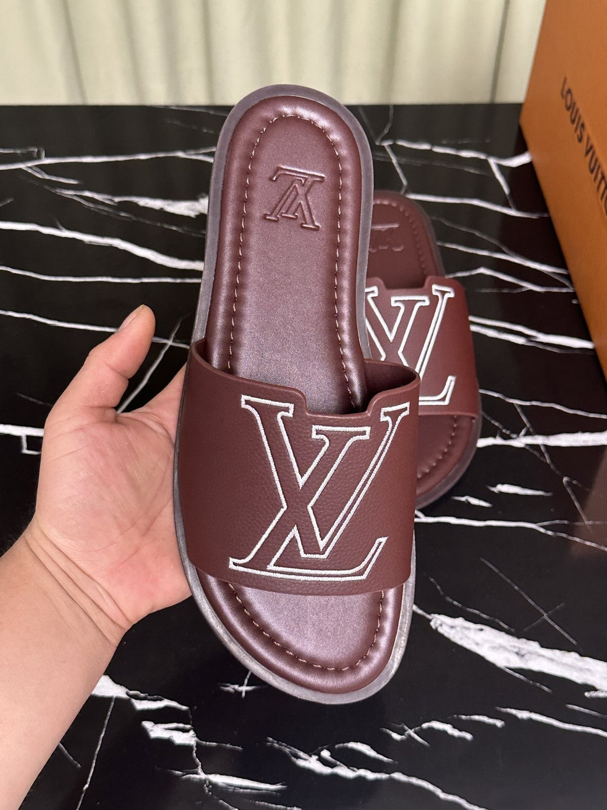 Louis Vuitton Lettered Strap Slide Sandals — front