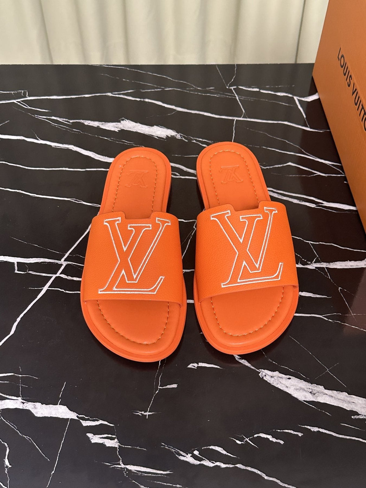 Louis Vuitton Lettered Strap Slide Sandals — front