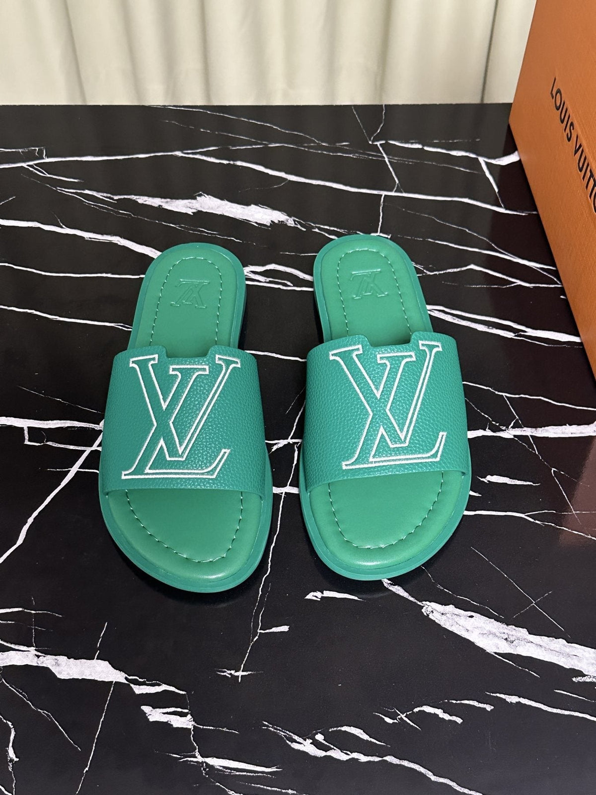 Louis Vuitton Lettered Strap Slide Sandals — front