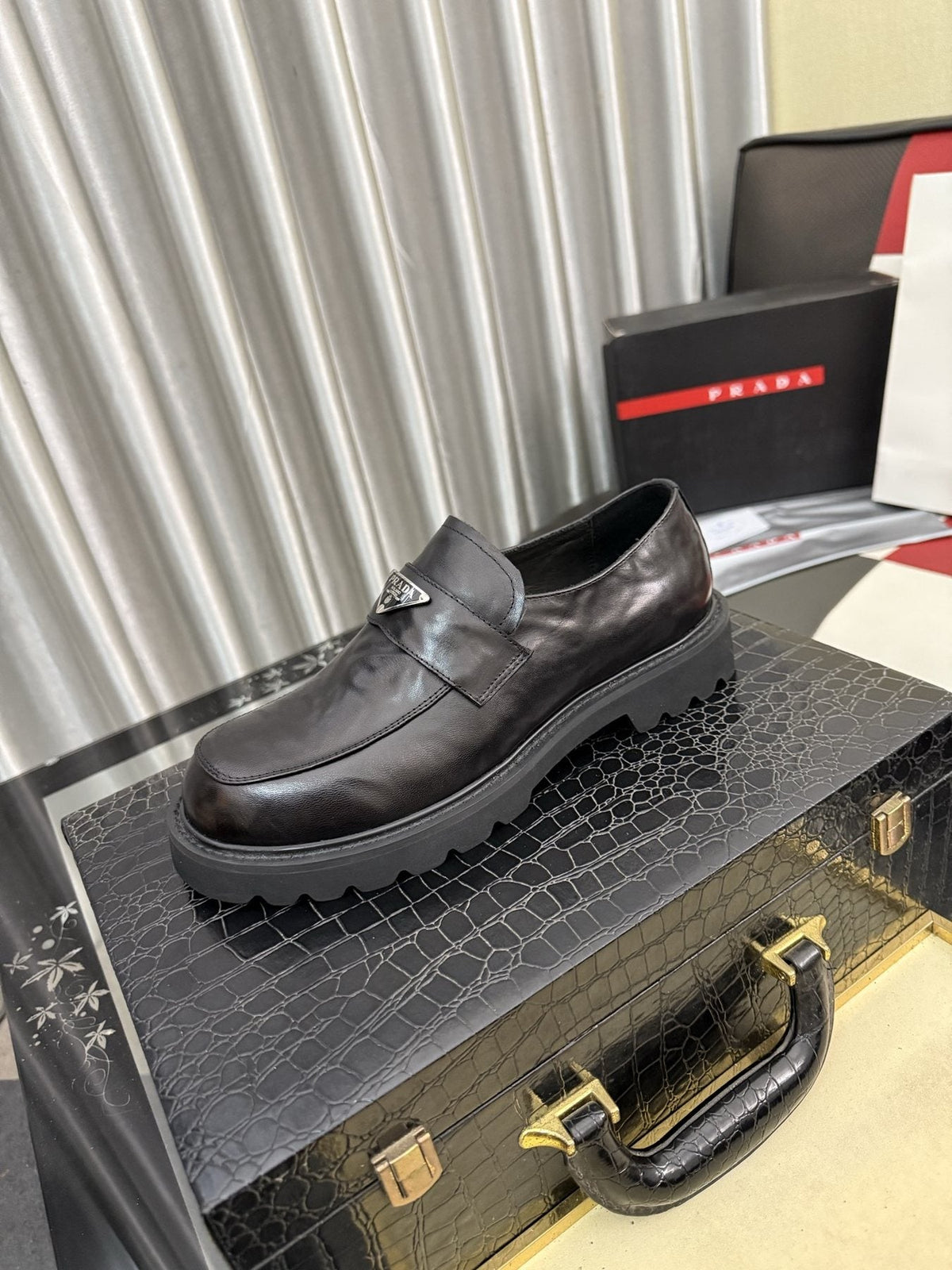 Prada Black Plaque Strap Loafers — front