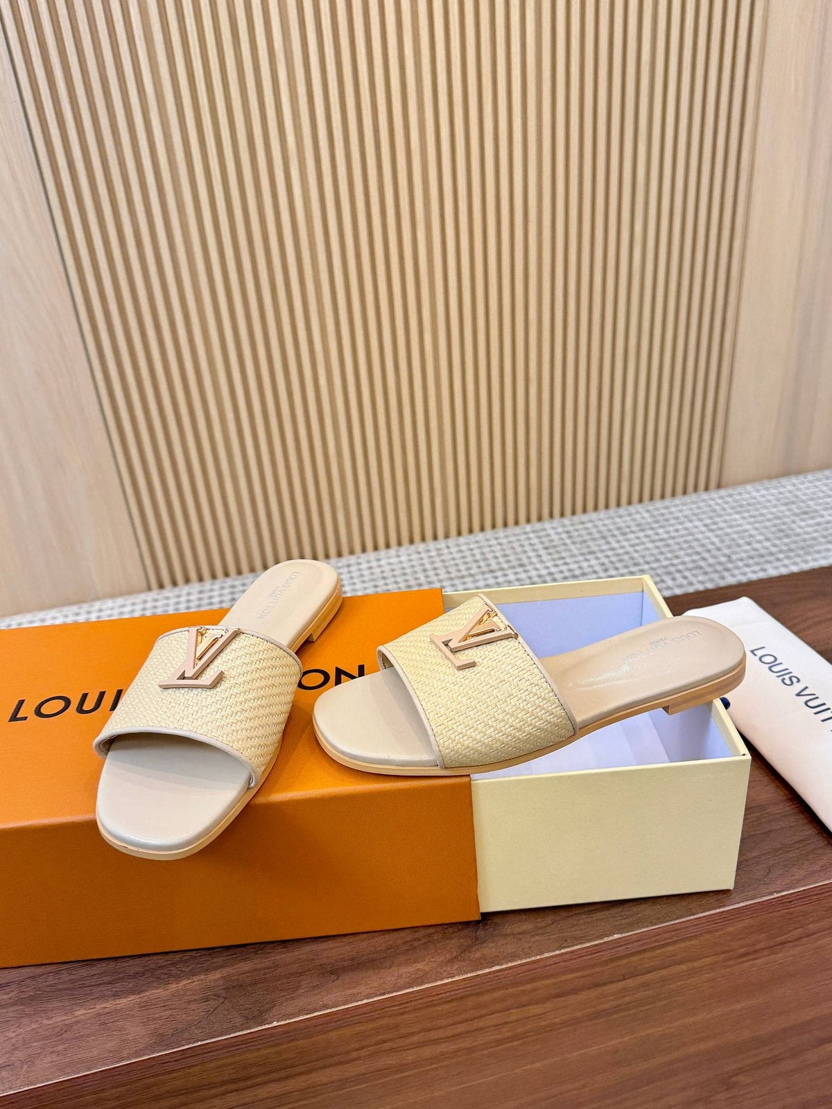 Louis Vuitton Textured Strap Slide Sandals — front
