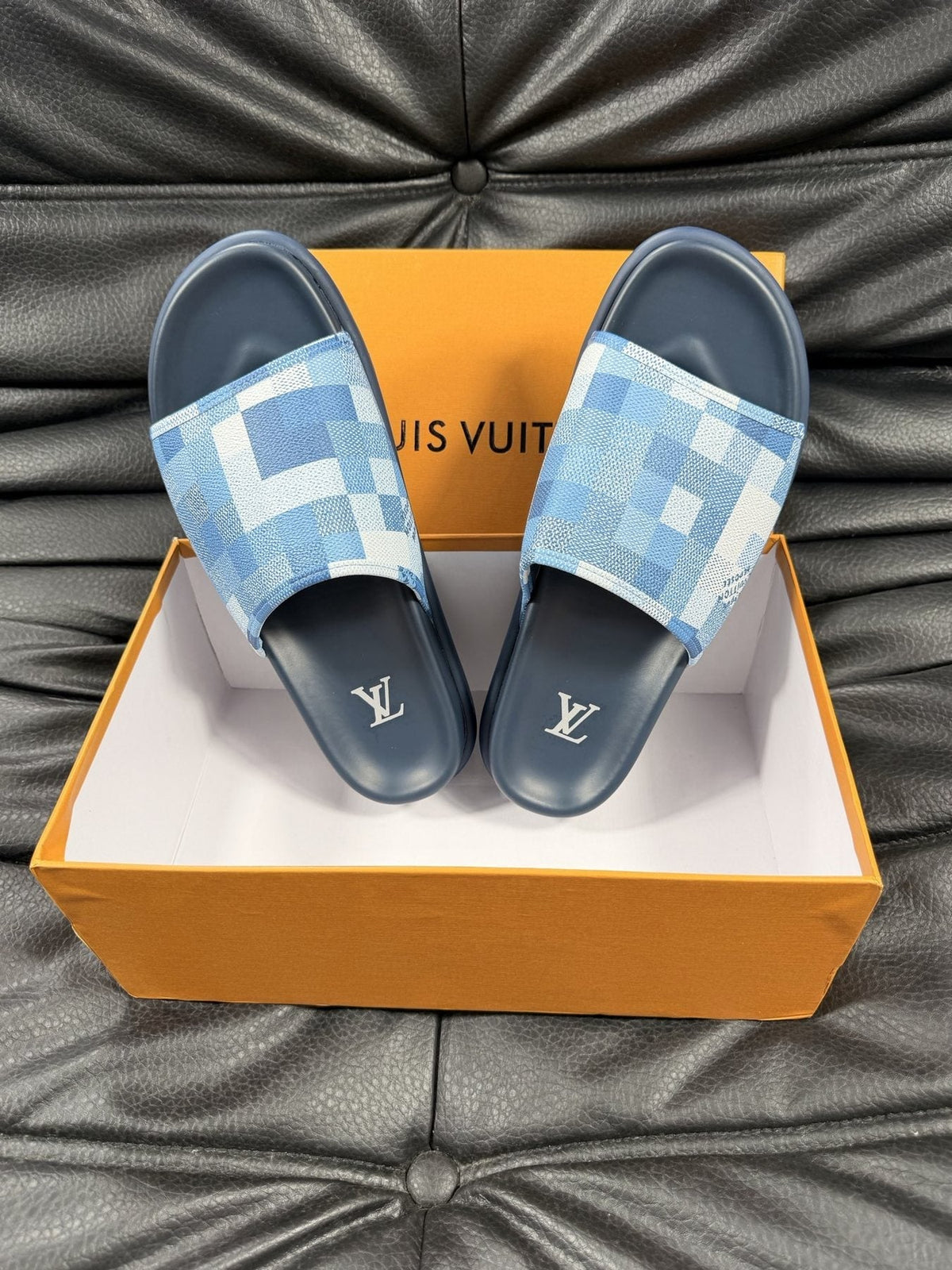 Louis Vuitton Slate Blue Checkered Slide Sandals — front