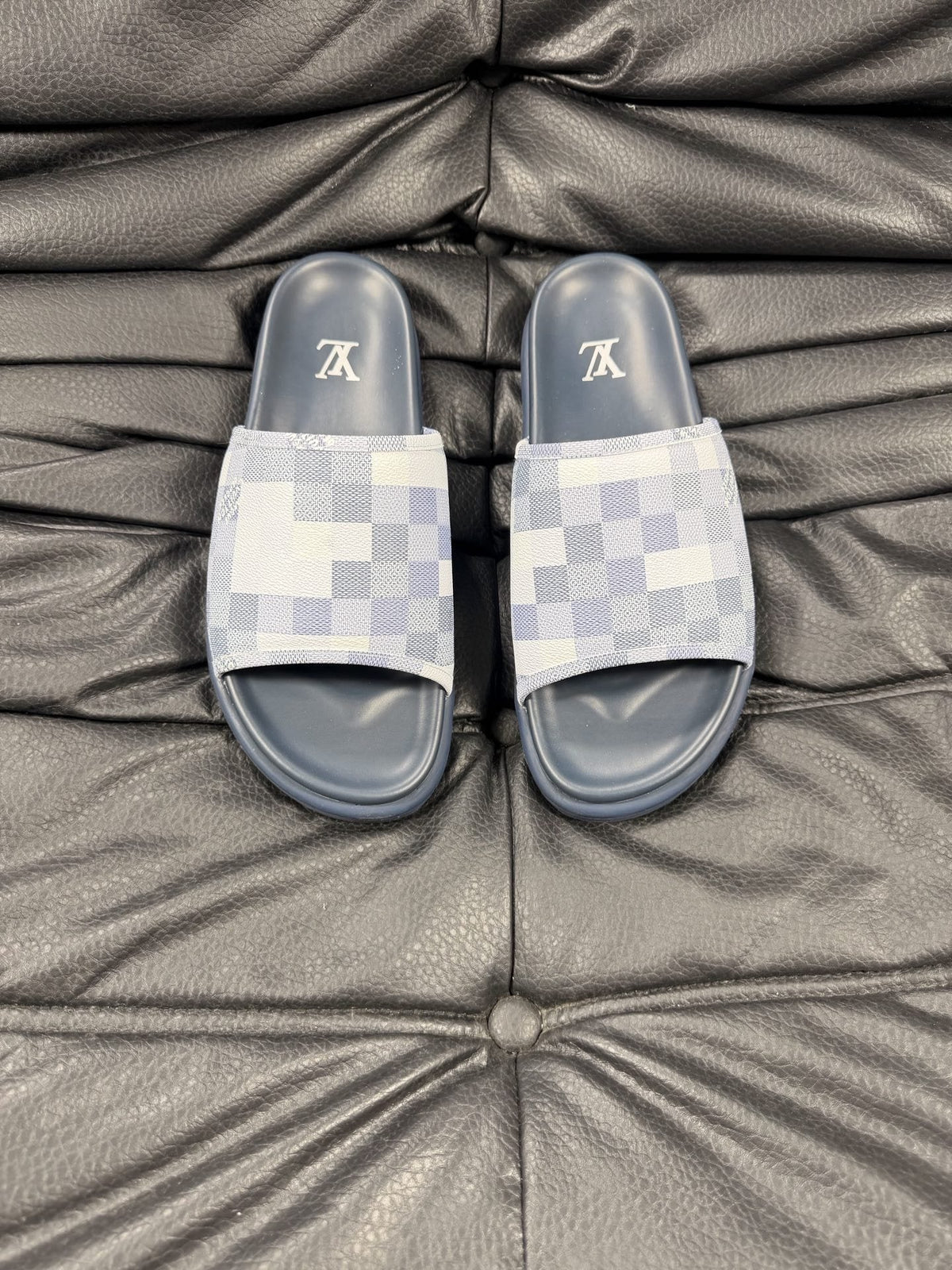 Louis Vuitton Slate Blue Checkered Slide Sandals — hero