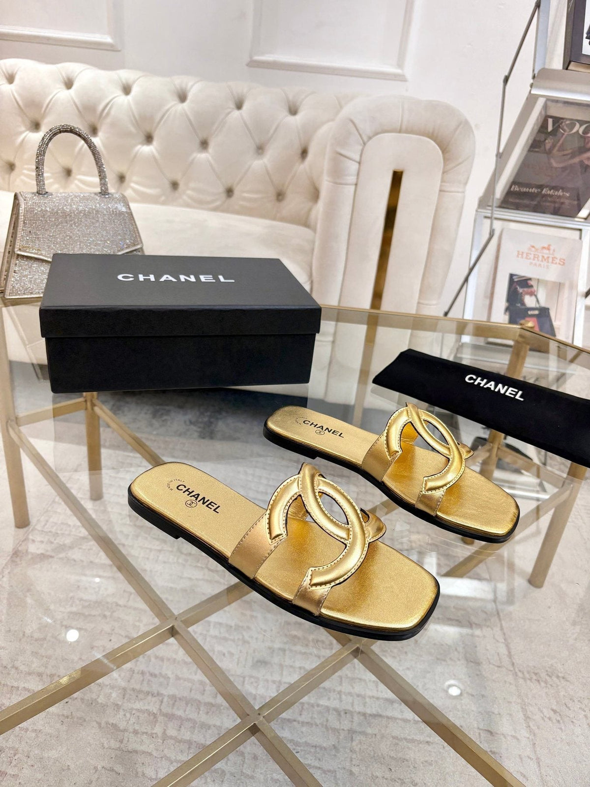 Chanel Embossed Logo Slide Sandals — front