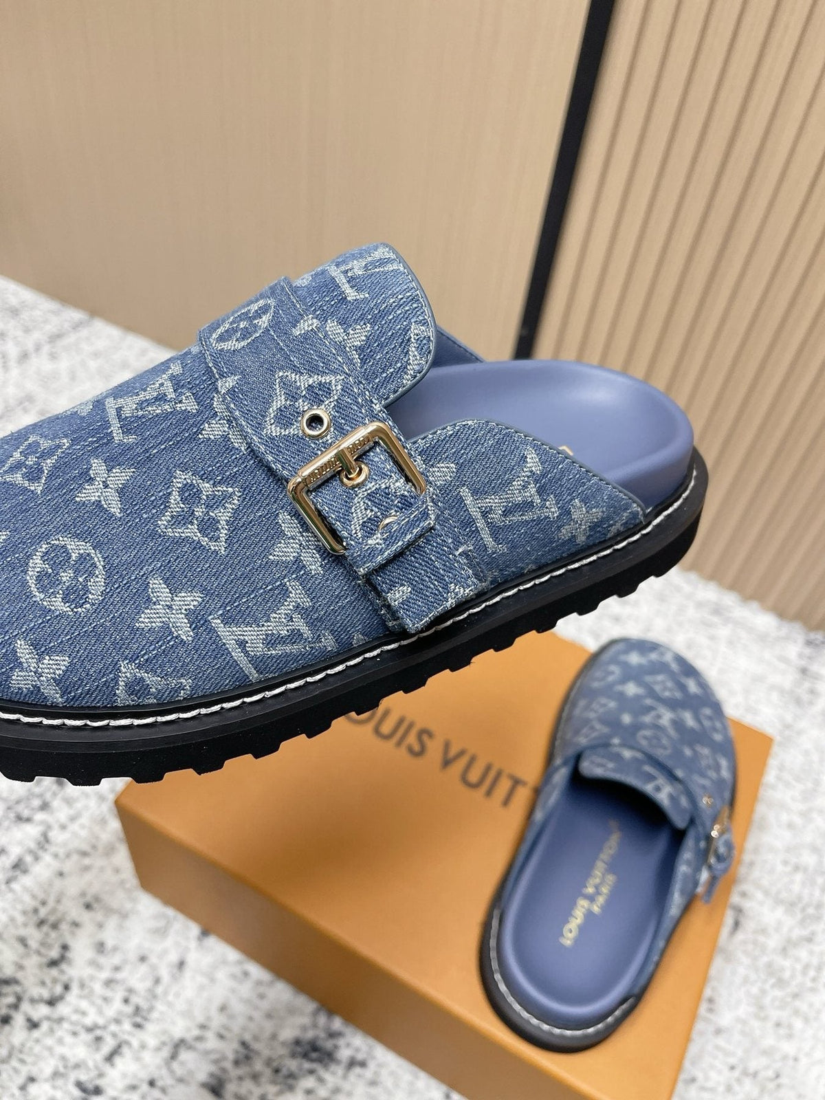 Louis Vuitton Monogram Buckle Clog Sandals — front