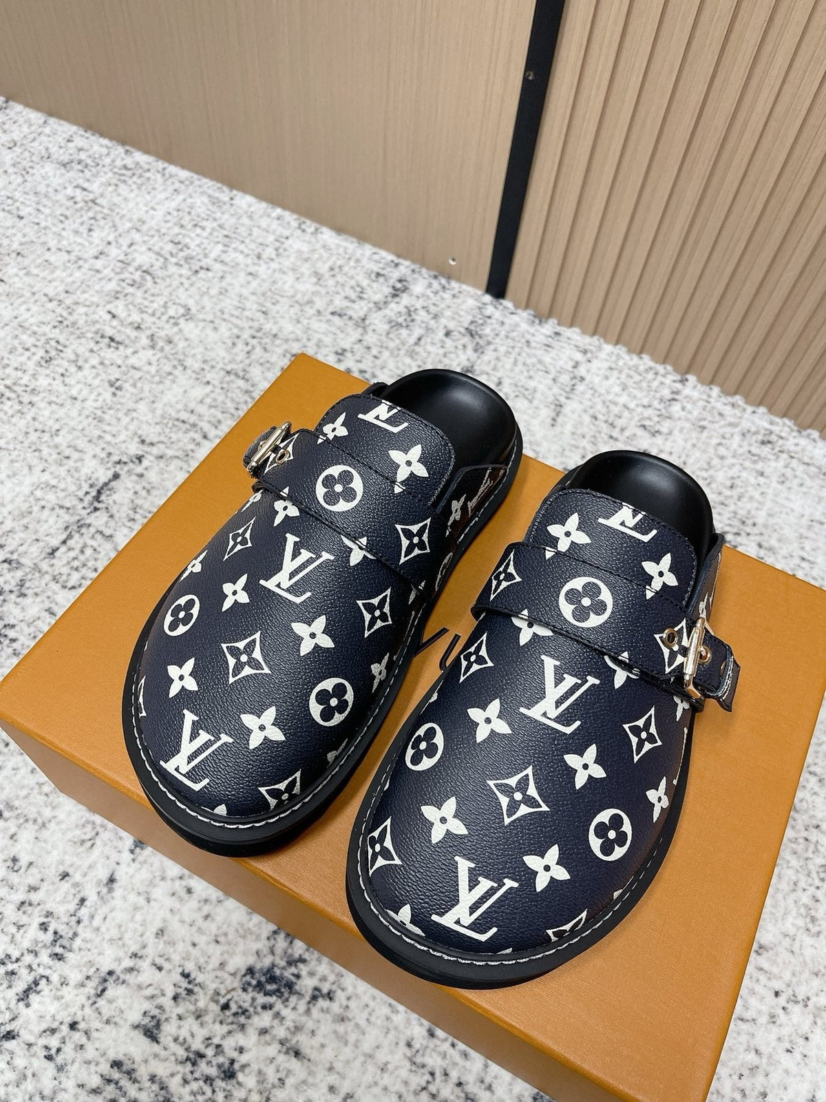 Louis Vuitton Monogram Buckle Clog Sandals — front