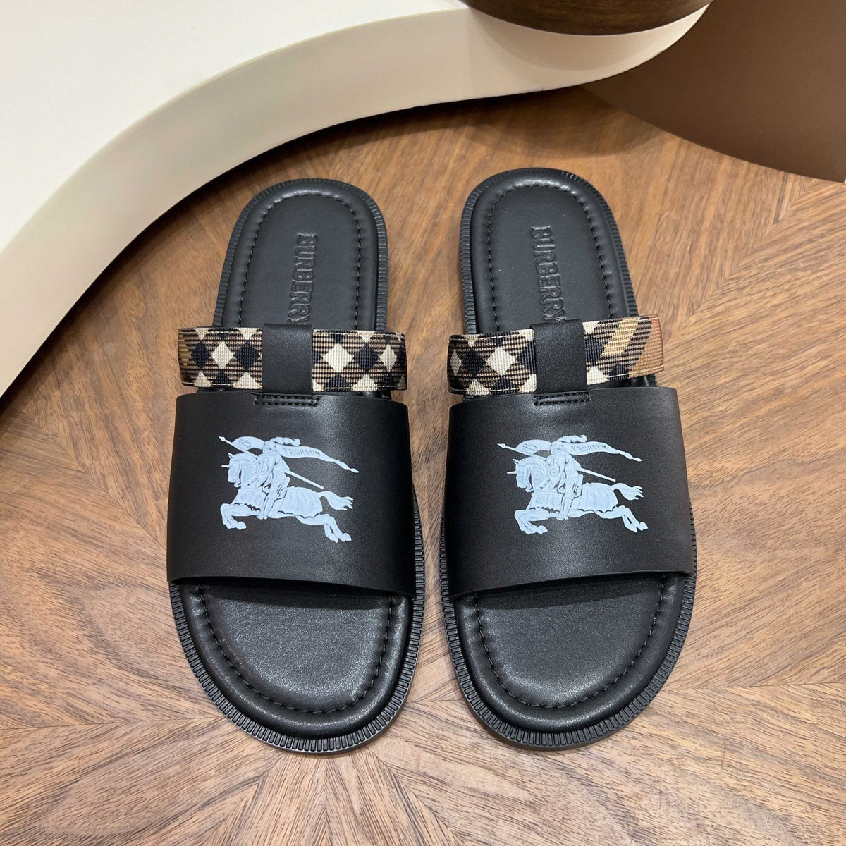 Burberry Plaid-Trim Slide Sandals — front